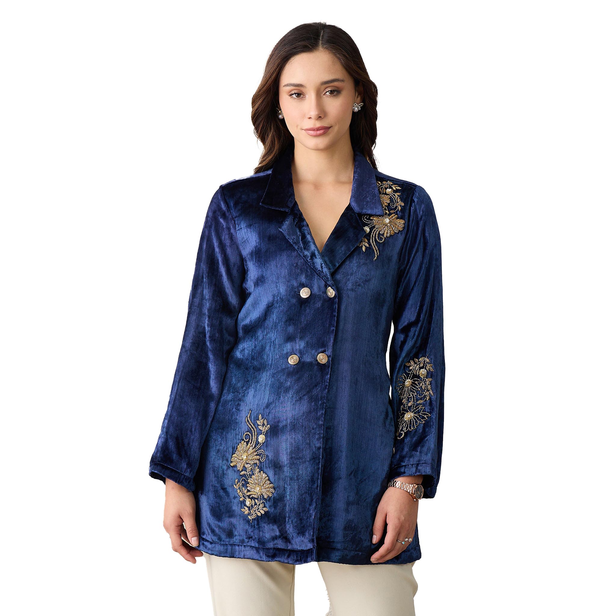 Prussian Blue Double Breasted Floral Embroidery Jacket-image-0