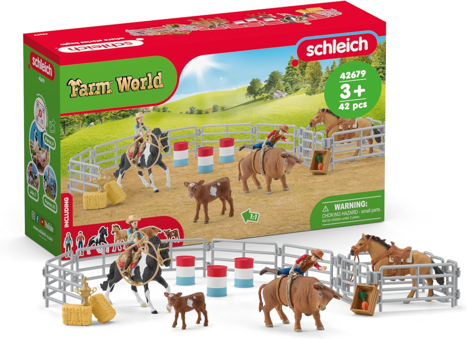 Schleich Farm World - 42PC Rodeo Playset with Animal and Rider Figurines - Cowboy and Cowgirl Action Figures with Cattle and Horse Toys - Western Riding Screen-Free Toys - Kids Ages 3+ | 42679