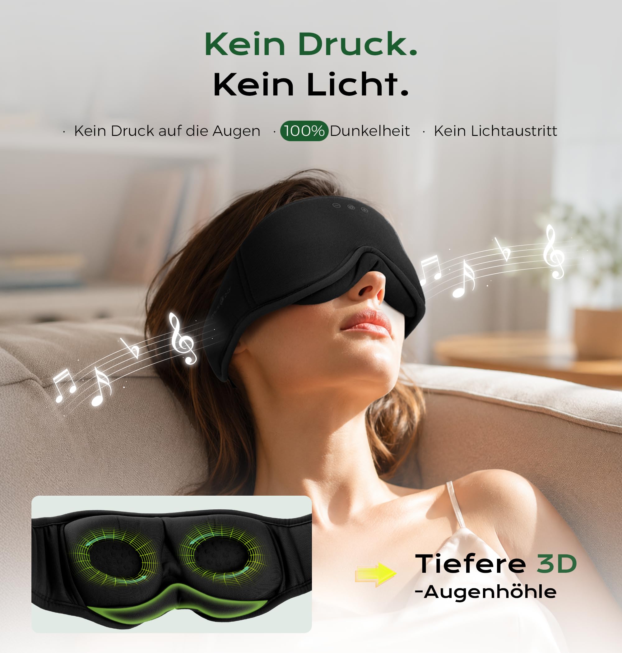 MUSICOZY Masque de sommeil avec écouteurs, 100 % ombre, 3D, masque de sommeil Bluetooth, doux, en coton de bambou bio pour voyage, relaxant, écouteurs Bluetooth 5.4
