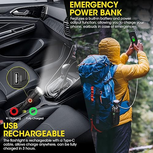 Miniatura 5 de Linterna recargable de alto lúmenes, luz de flash magnética súper brillante de alto volumen, linternas LED con zoom de largo alcance para