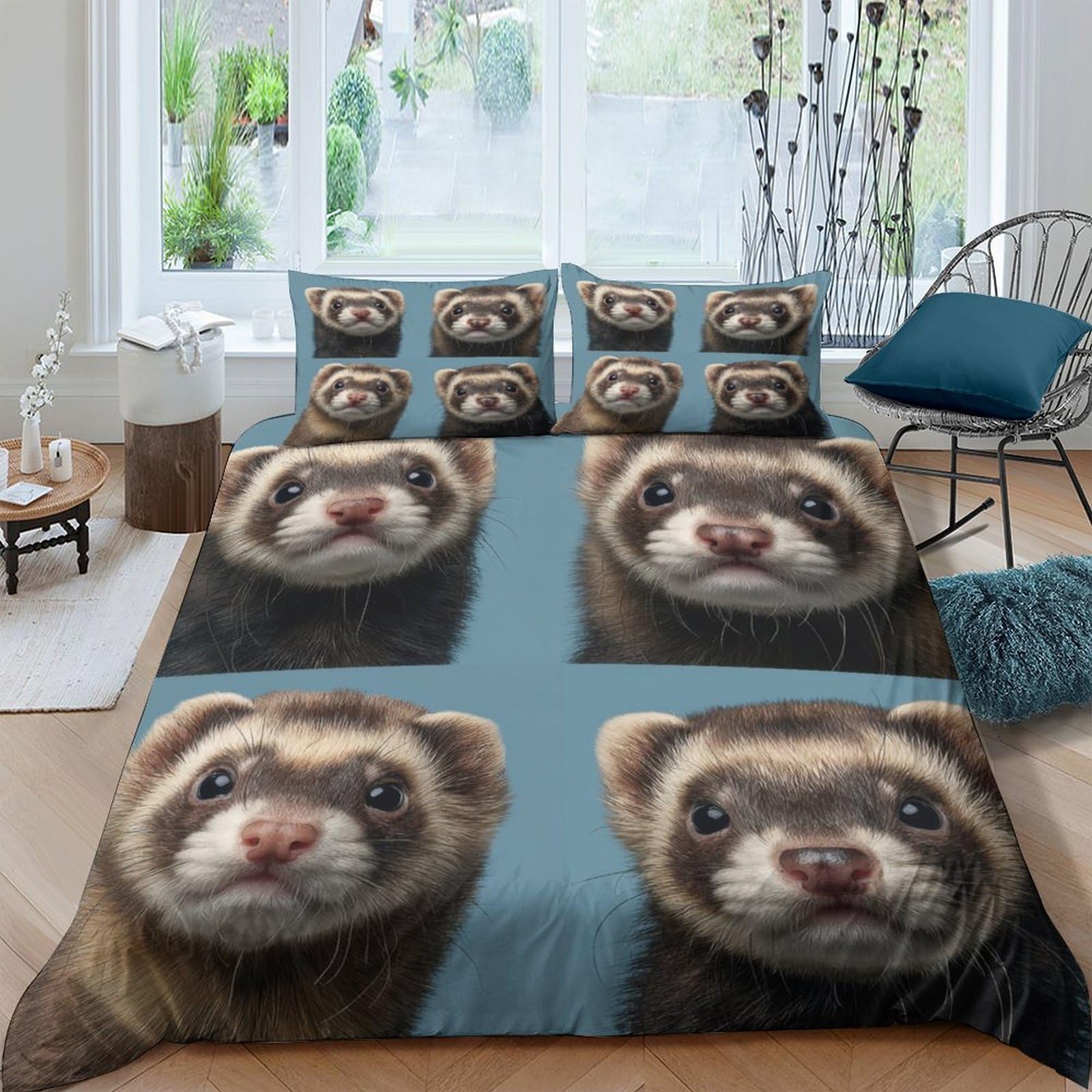 GPLZQXKJNH 3D Printed Ferret Animal Duvet Cover Microfiber Soft Breathable Blue Bedding Set with 2 Pillowcases, for Bedroom Decor, Single（135x200cm）