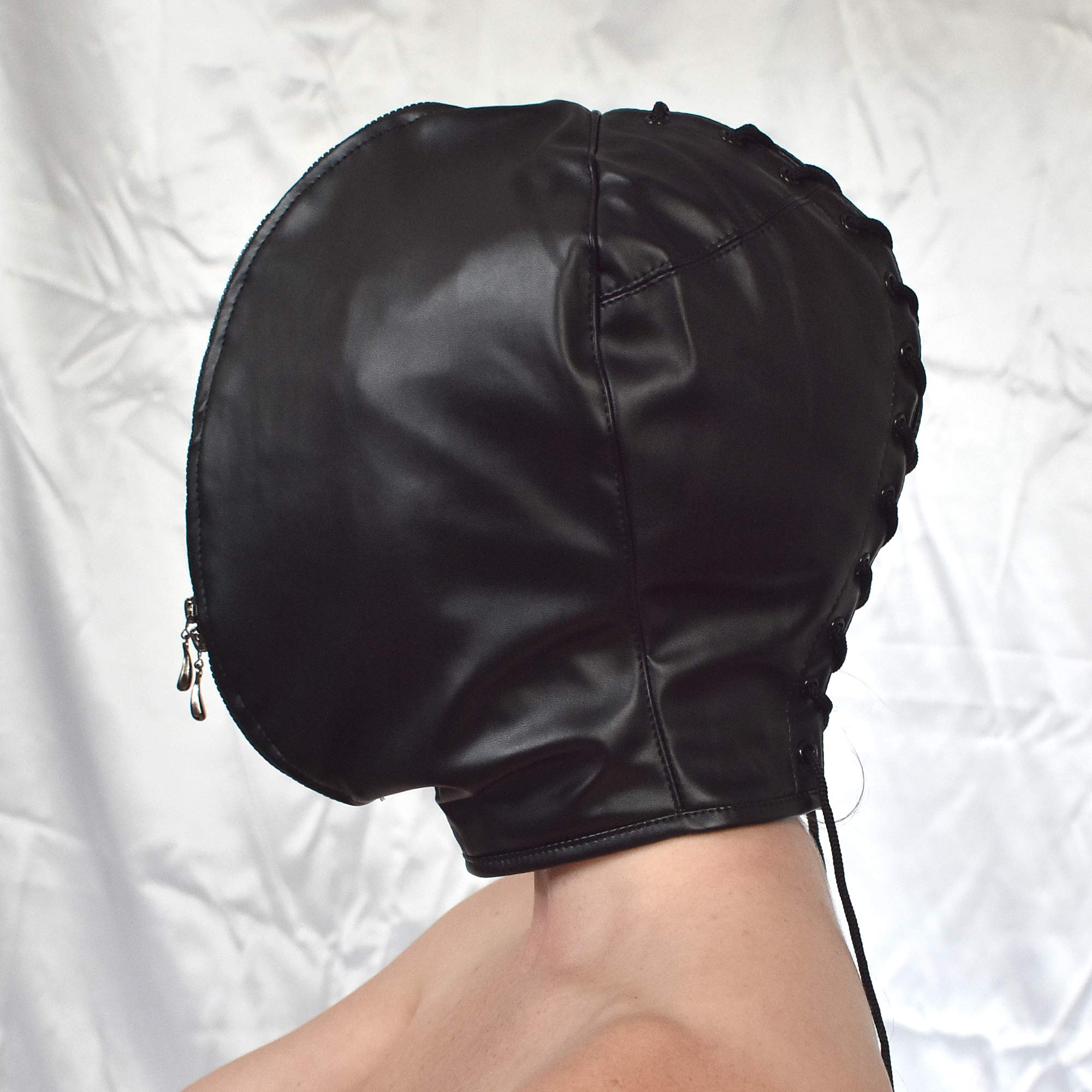 Morbida maschera doppia bondage feticistica – Maschera BDSM in similpelle, cerniera bidirezionale, Breathplay Mask, cappuccio isolante, formata anatomicamente