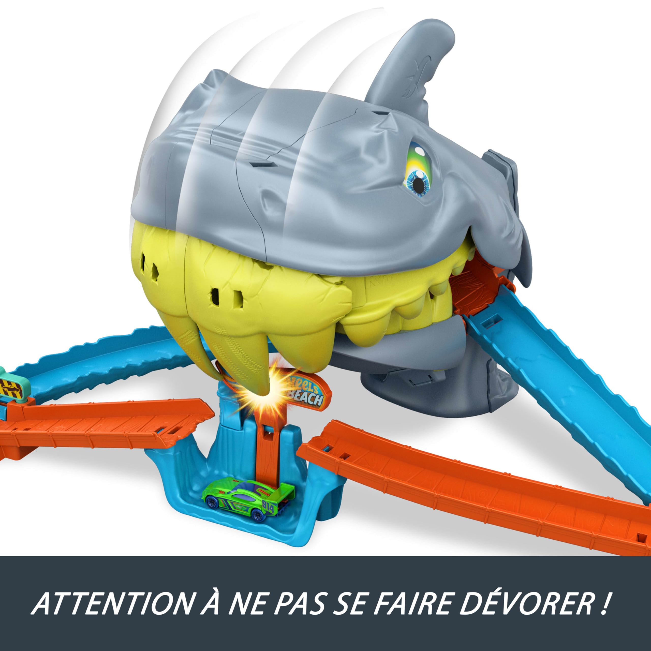 Hot Wheels L’Attaque du Requin Coffret et véhicule en métal à l’échelle 1/64. 2 modes de jeu : terrassez le requin ou faites-vous dévorer, JHL96