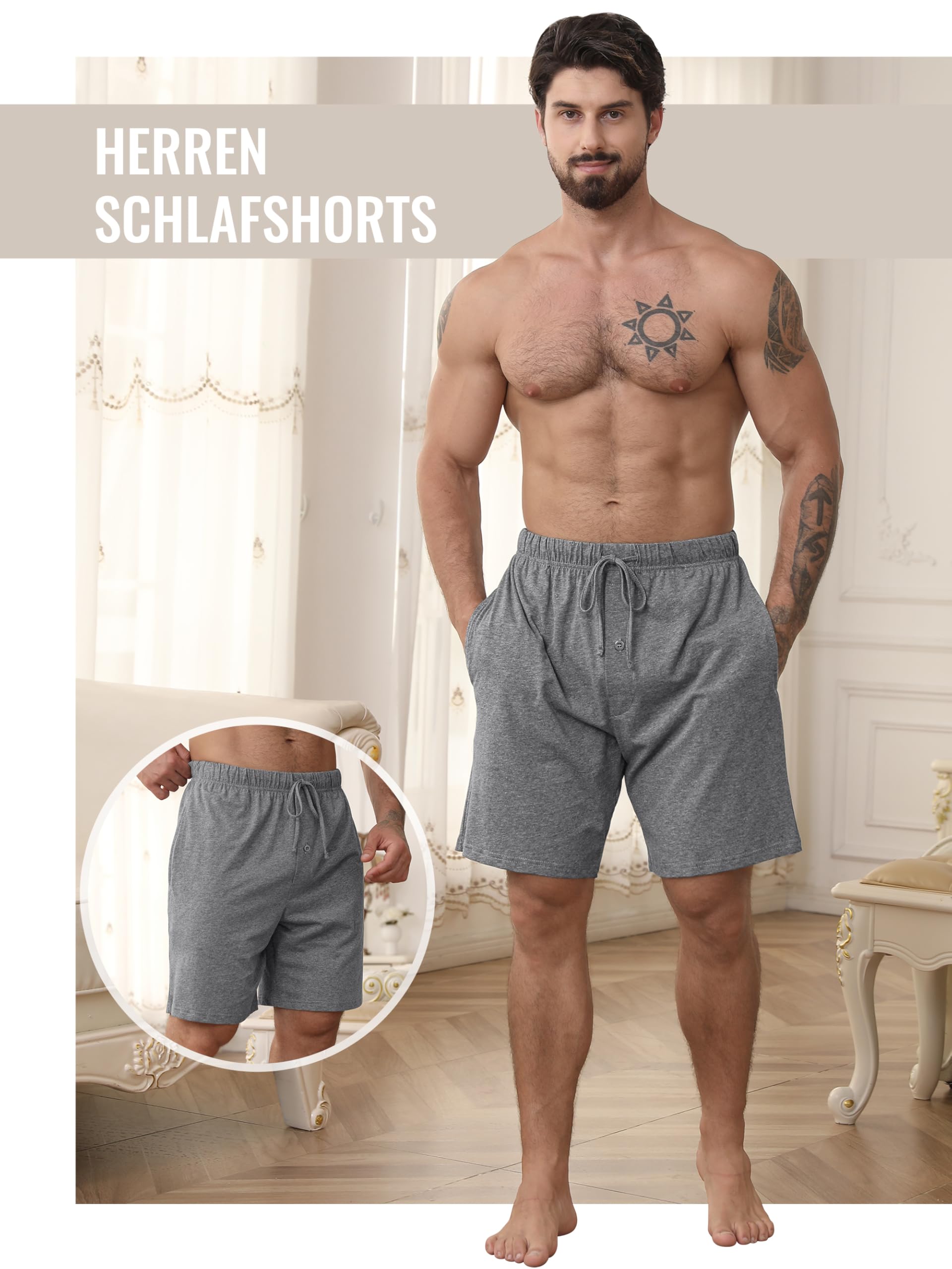 IHU 3er Pack Schlafanzughose Herren Kurz Baumwolle Sommer Kurze Schlafhose Pyjama-Hose Loungehose mit Elastischem Bund und Taschen