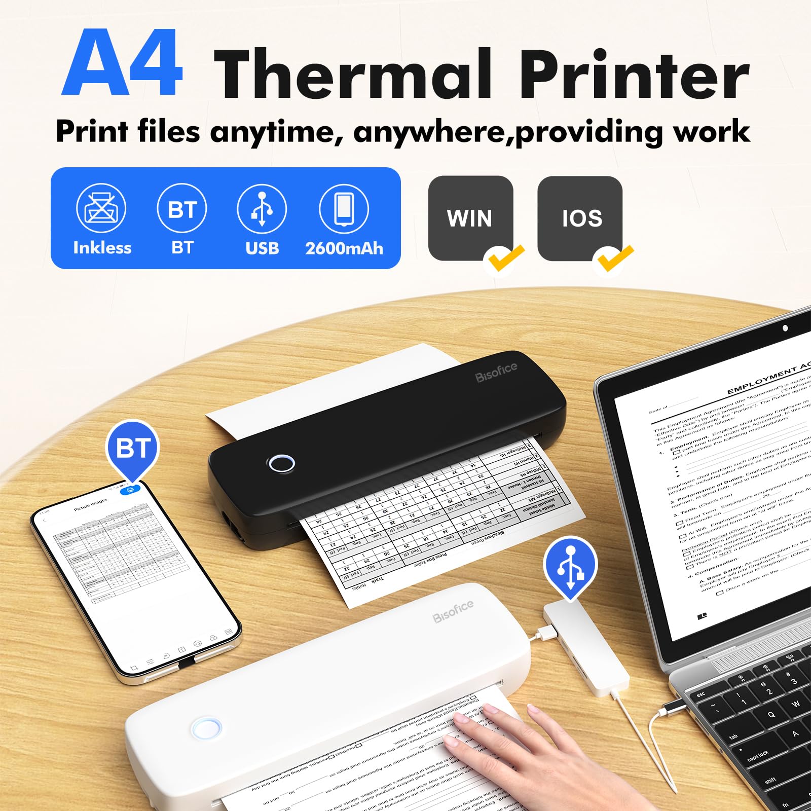 Stampante a trasferimento termico portatile A4 Wireless USB Connect with Mobile Compute US Letter per ufficio scuola Viene fornito con 3 rotoli di carta termica compatibile con Windows (bianco)