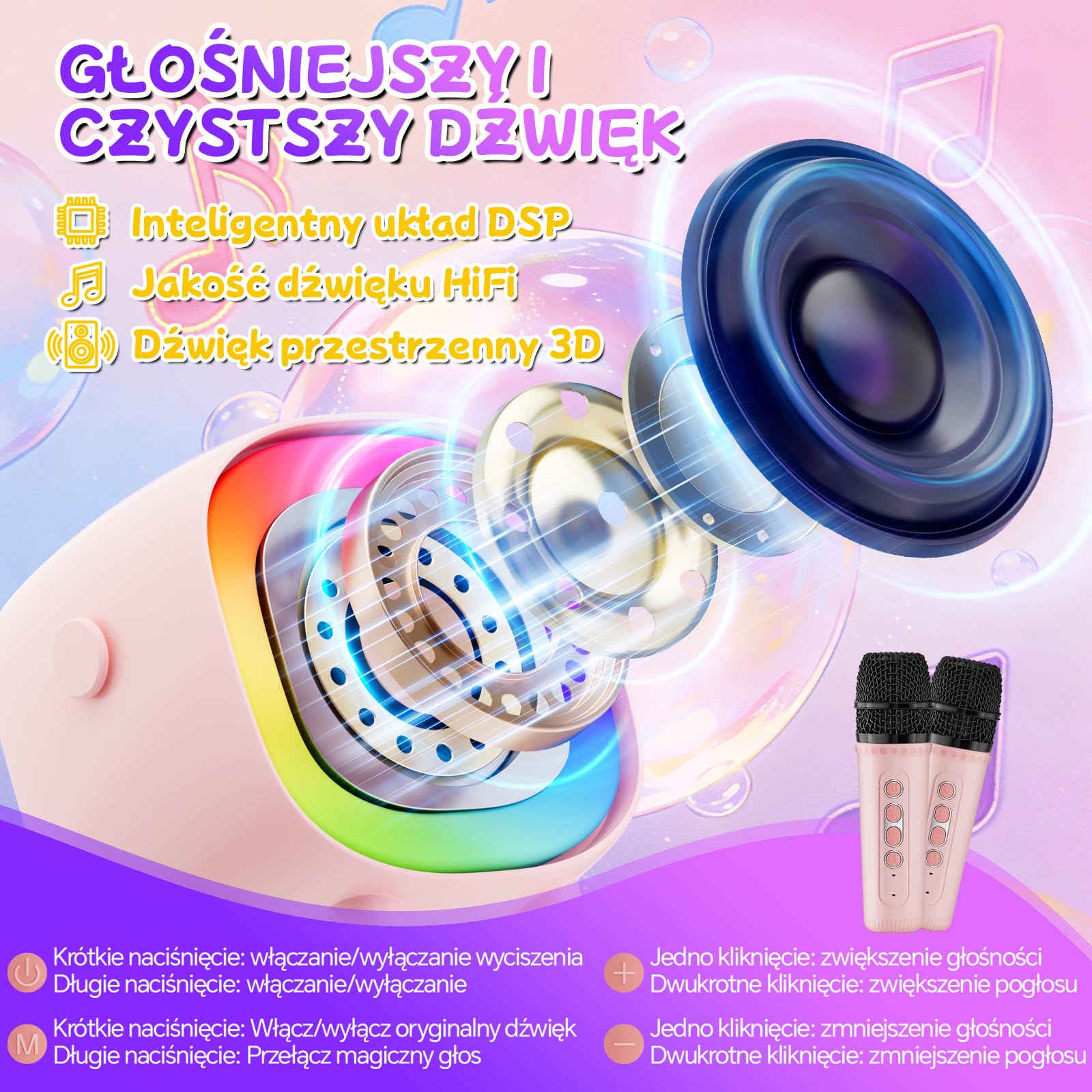 Mini Karaoke dla Dzieci i Dorosłych, 7 Trybów Efektów Dźwiękowych 6 Trybów Podświetlenia, Przenośny Głośnik Bluetooth z 2 Mikrofonami Bezprzewodowymi, Prezenty Świąteczne i Urodzinowe