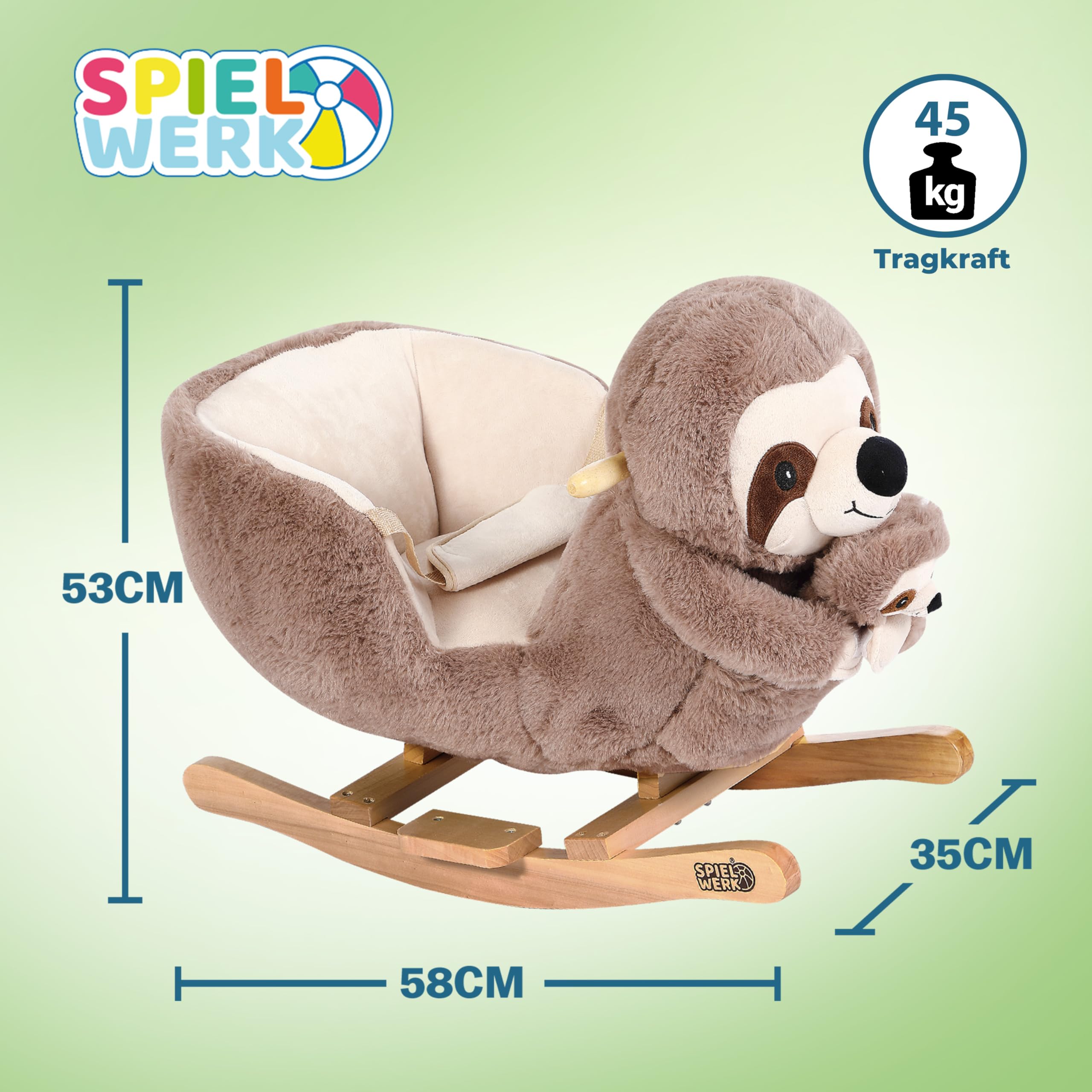 Deuba Spielwerk® Schaukeltier Faultier mit Babyfaultier inkl. Sound Effekt Sicherheitsgurt Plüsch Schaukel Wippe Kinder Baby Spielzeug Balancetraining besonders weich Schaukelpferd