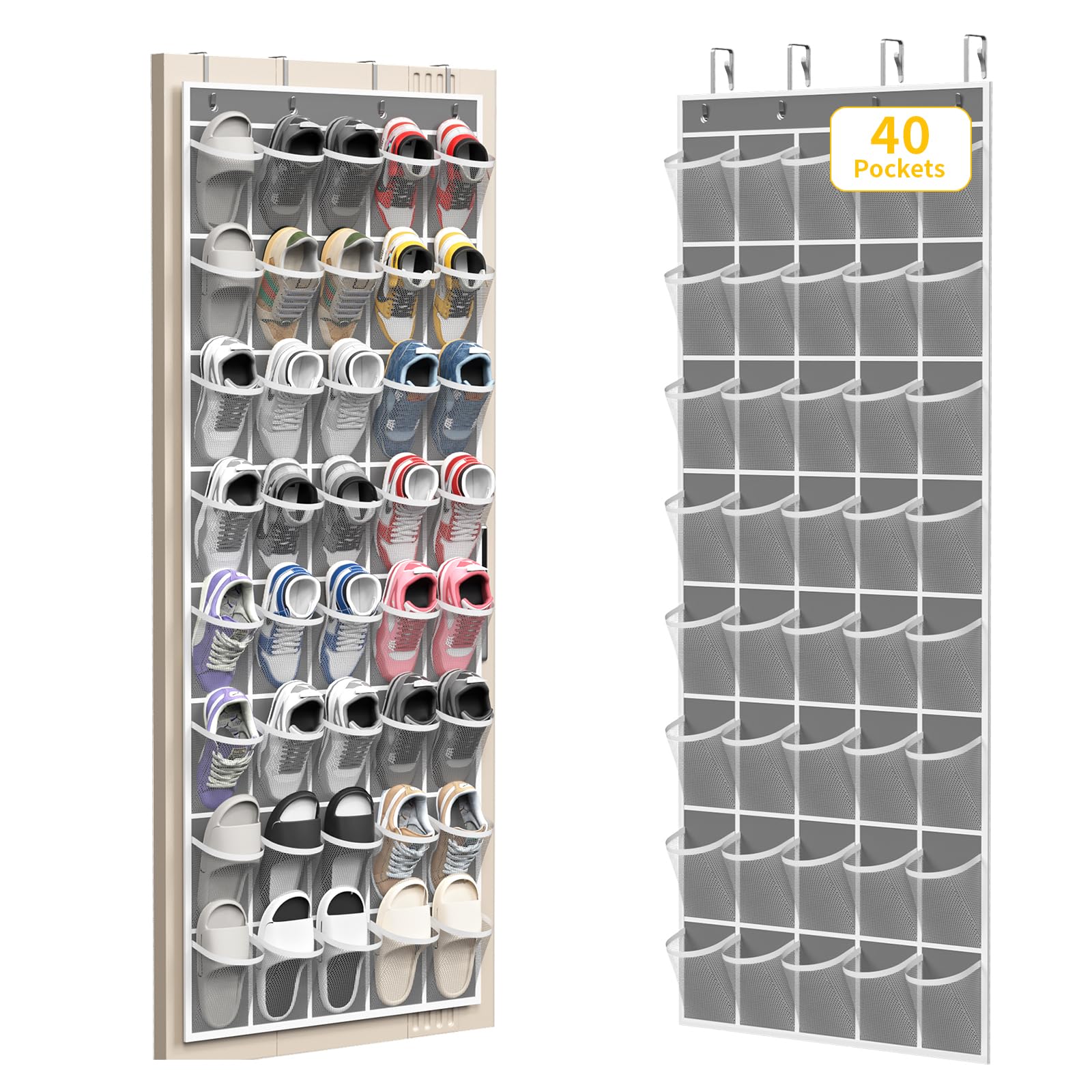 SAVERHO 40 Large Pockets Over the Door Shoe Organizer,Space-Saving Mesh Hanging Shoe Rack for Door Shoe Holder Large Size 76.4" x 27.5" Ideal for Closet &amp; Door Storage (Grey)