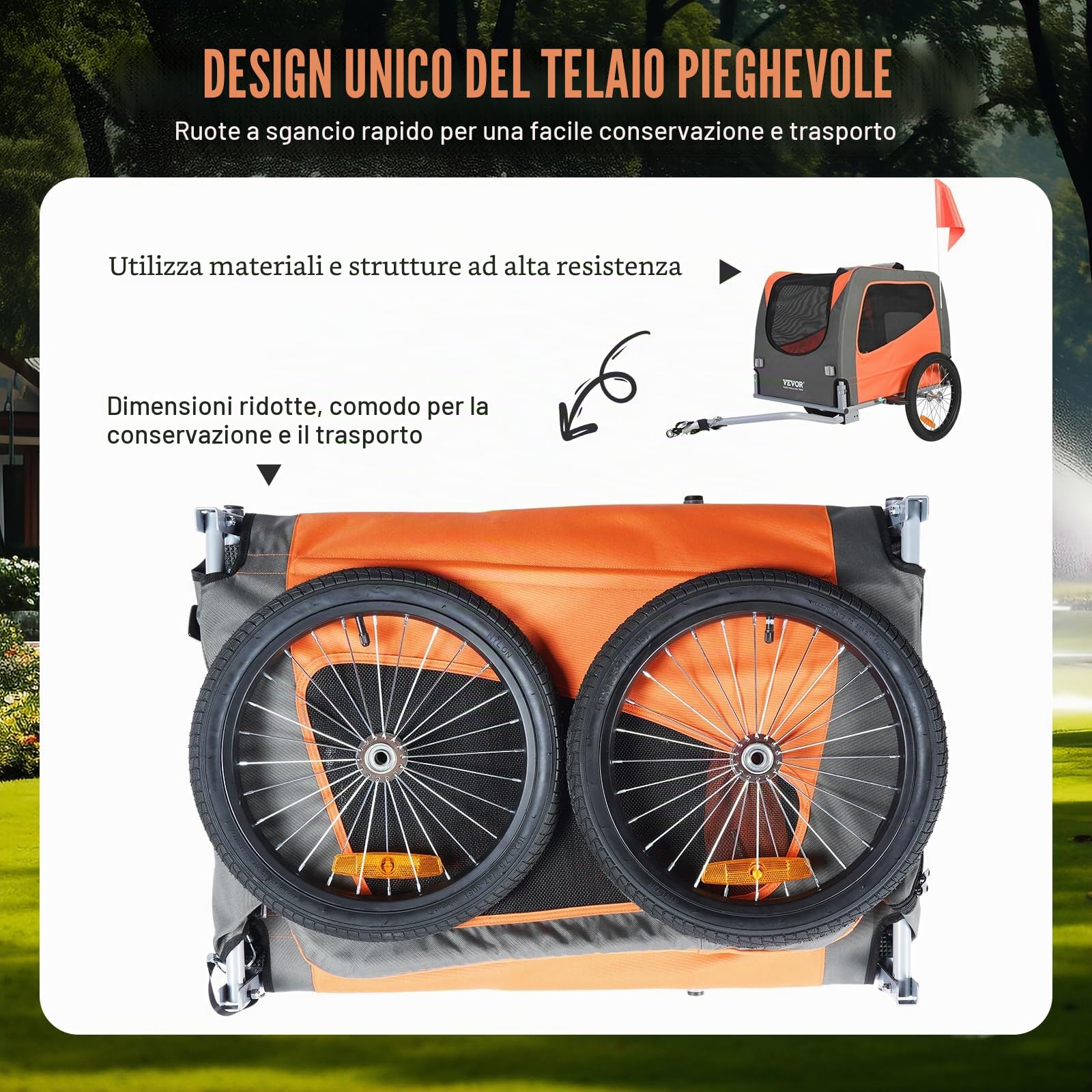 VEVOR Rimorchio Bici per Cani Pieghevole Portata max. 30 kg Passeggino per Animali Domestici con Ruote a Sgancio Rapido Telaio in Acciaio Carrello per Bici Traino Rimorchio Animali Arancione/Grigio