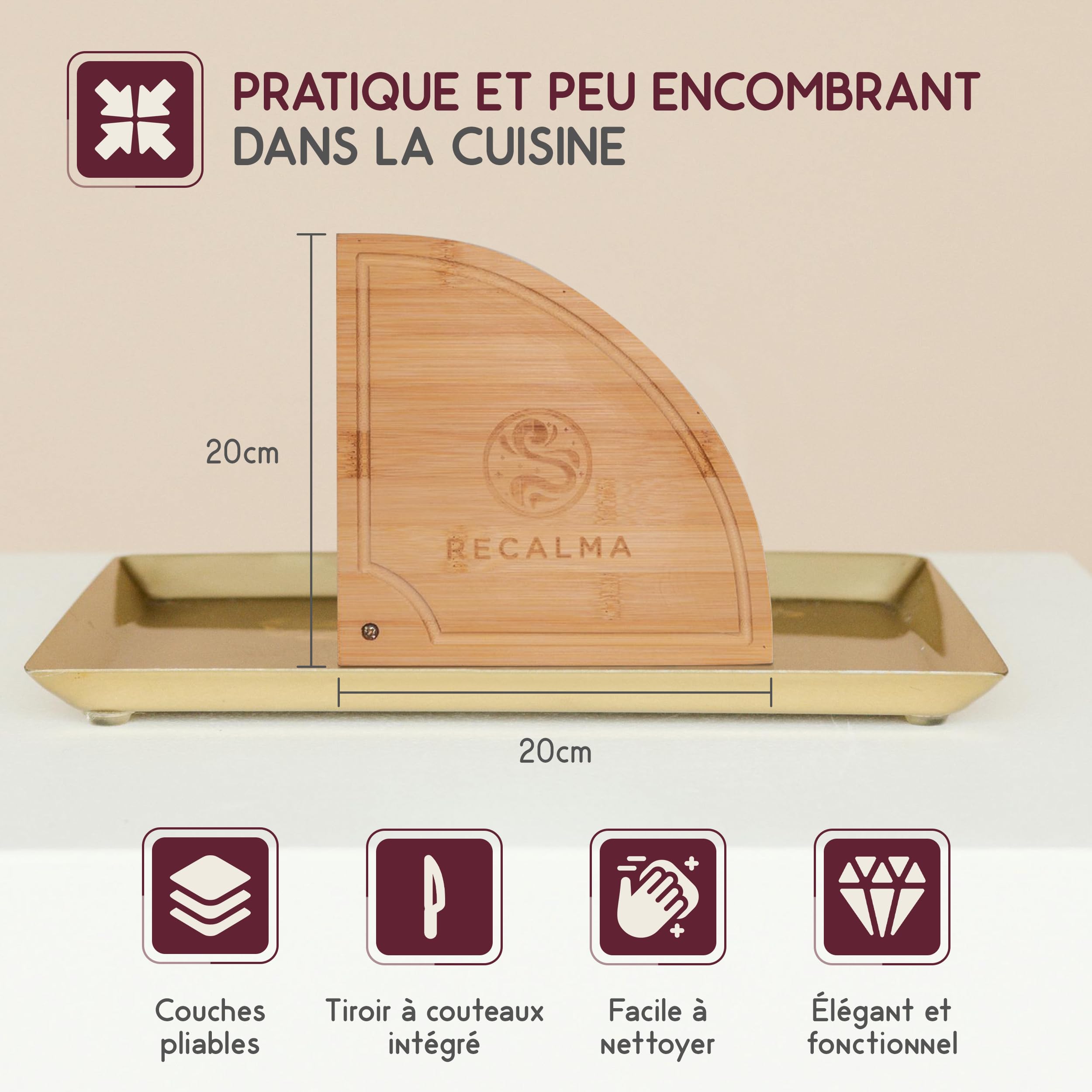 Plateau à Fromage Rond en Bambou avec Couteau à Fromage, Plateau de Service Tournant en Bois à 4 Couches, Plateau en Bois Coulissant pour Charcuterie, Amuse-Bouches et Planche Apéro.
