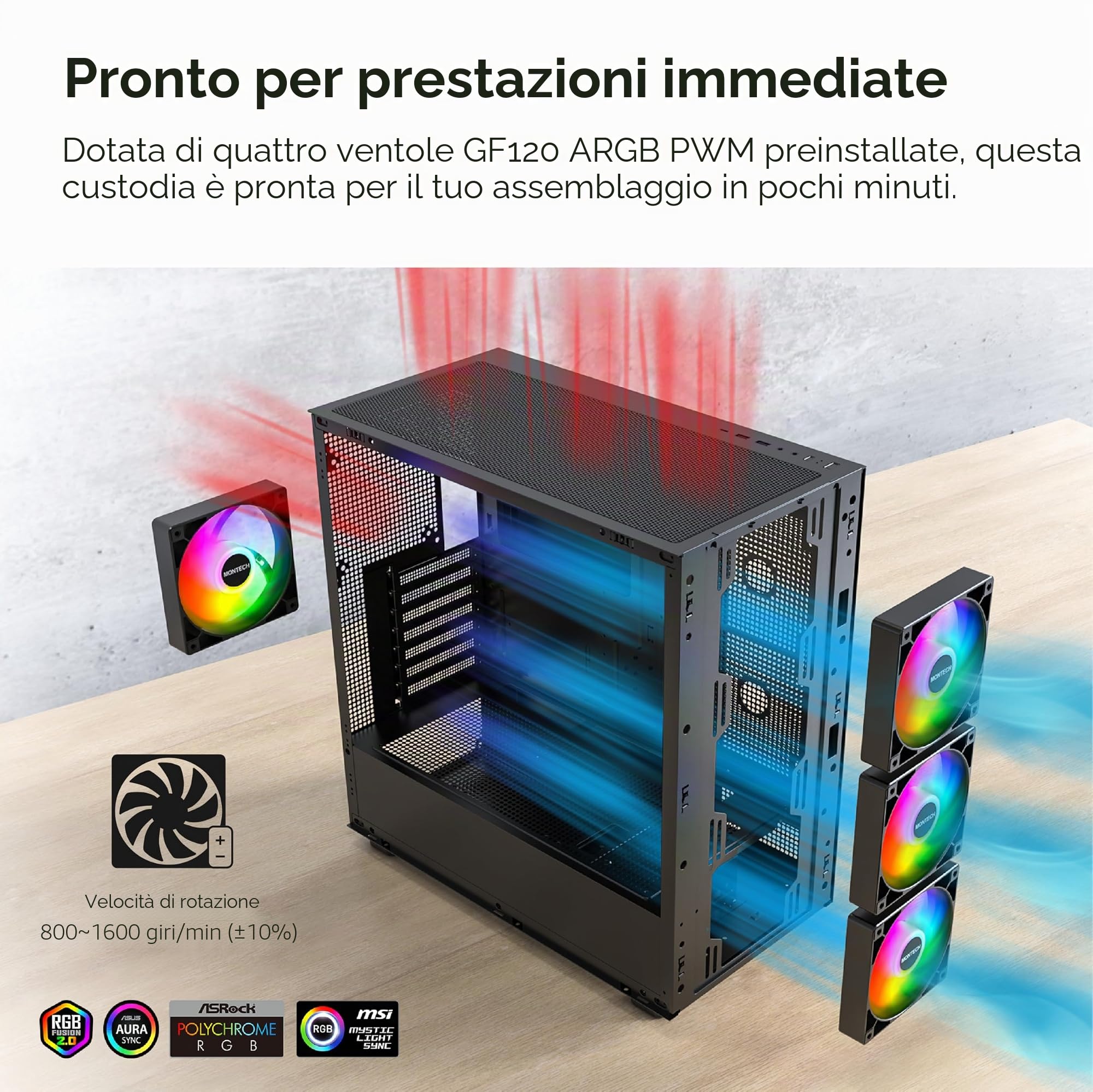 MONTECH XR Wood,Genuine Black Walnut Front, ATX Mid-Tower PC Gaming Case, Glass Side Panel, 4 x 120mm GF120 ARGB PWM Fans Pre-Installed, White | Supporto GPU 420mm, Supporto radiatore 360mm, Maglia ad alto flusso d'aria, Vetro temperato, USB-C, Supporto G