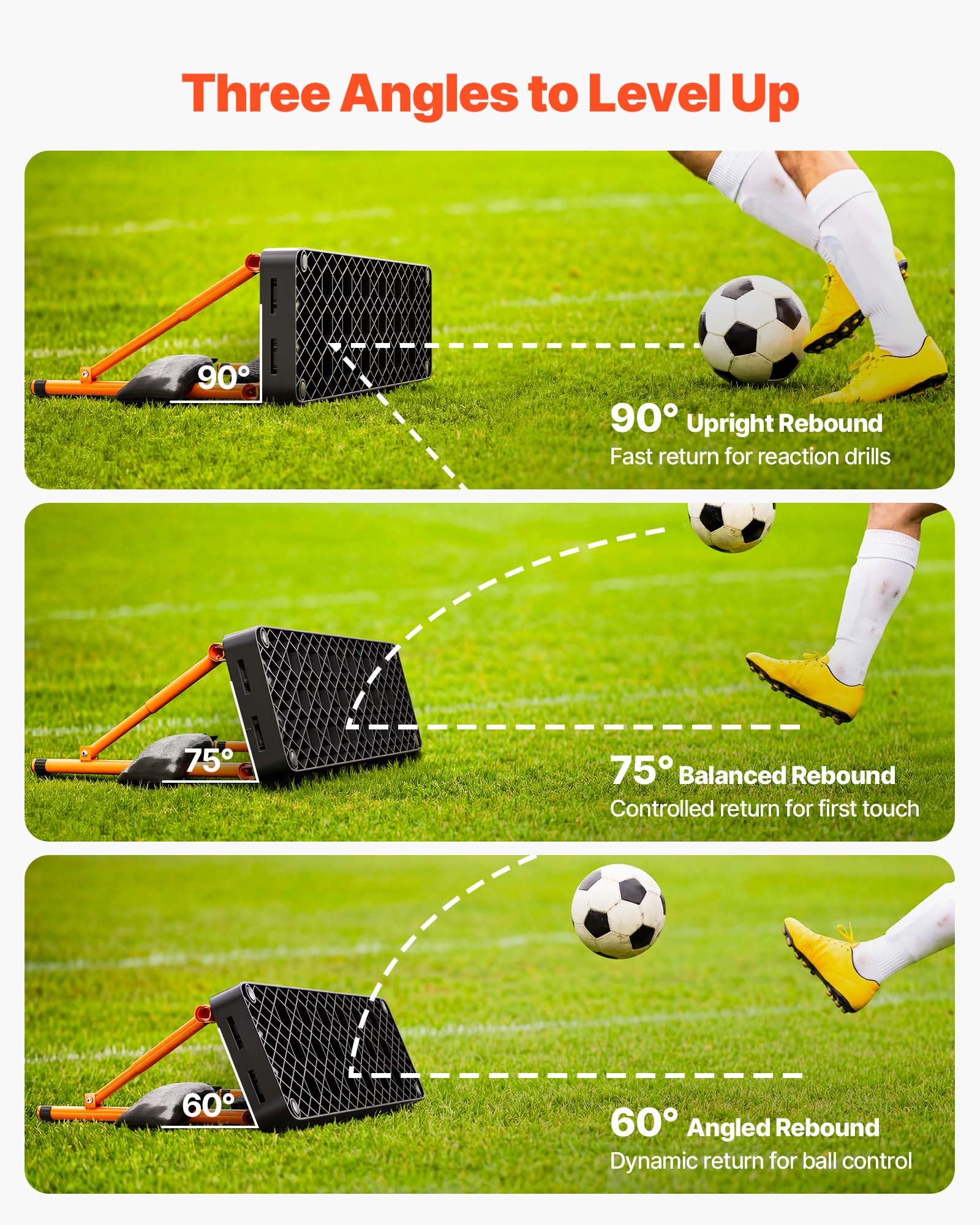 VEVOR Fußball Rebound Board 95 x 25 cm, Prellwand Brett Tragbar mit Doppeloberflächen und 3 Verstellbaren Winkeln, Fußballprellwand aus PP, Balltrainingsgerät für Pass- und Reaktionsübungen