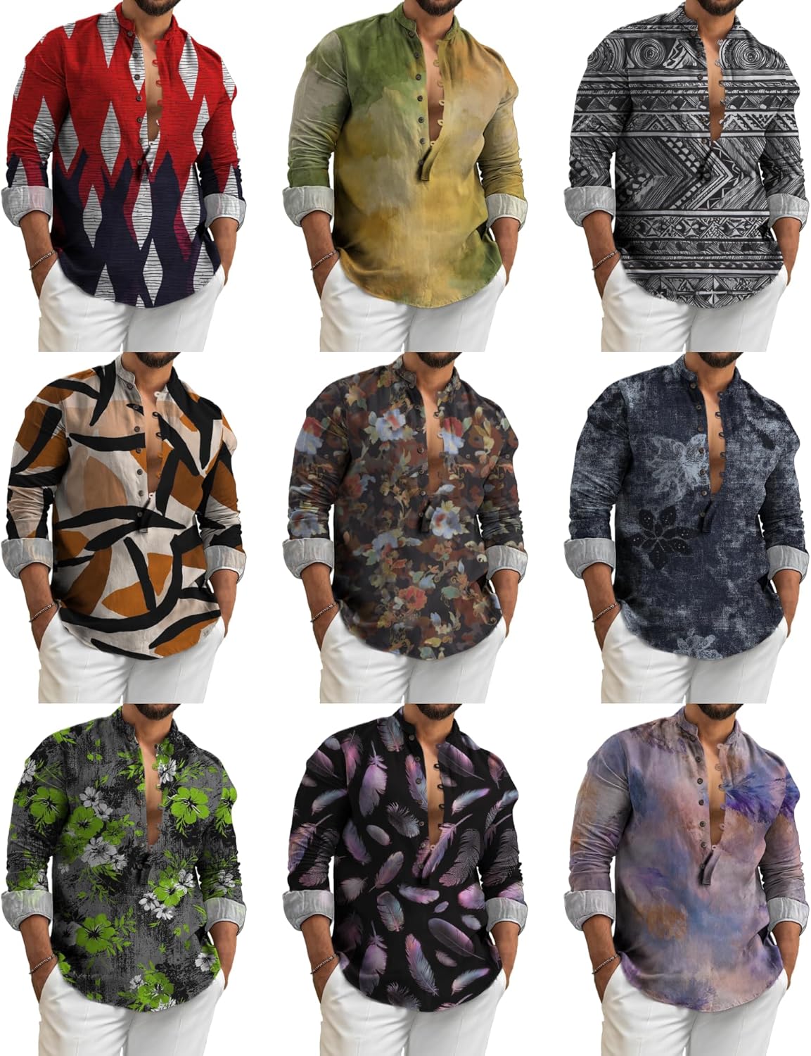 MARSVOVO Trendy Long Sleeve Shirts for Men Comfy Henley Neck Breathable Hawaiian Shirt Casual Tops - Image 3