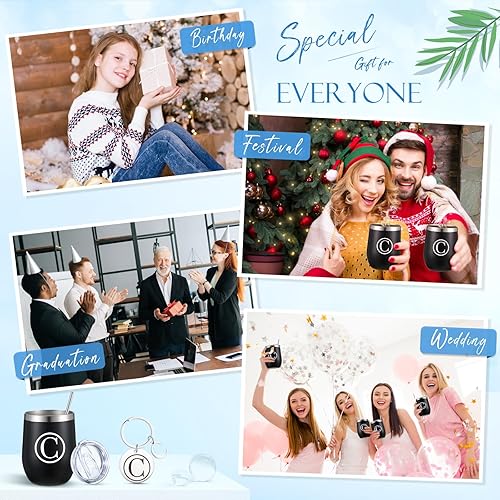 Miniatura 4 de Vaso de vino personalizado con llavero personalizado, taza inicial de viaje de acero inoxidable negro de 12 onzas con tapa y popote para regalos de