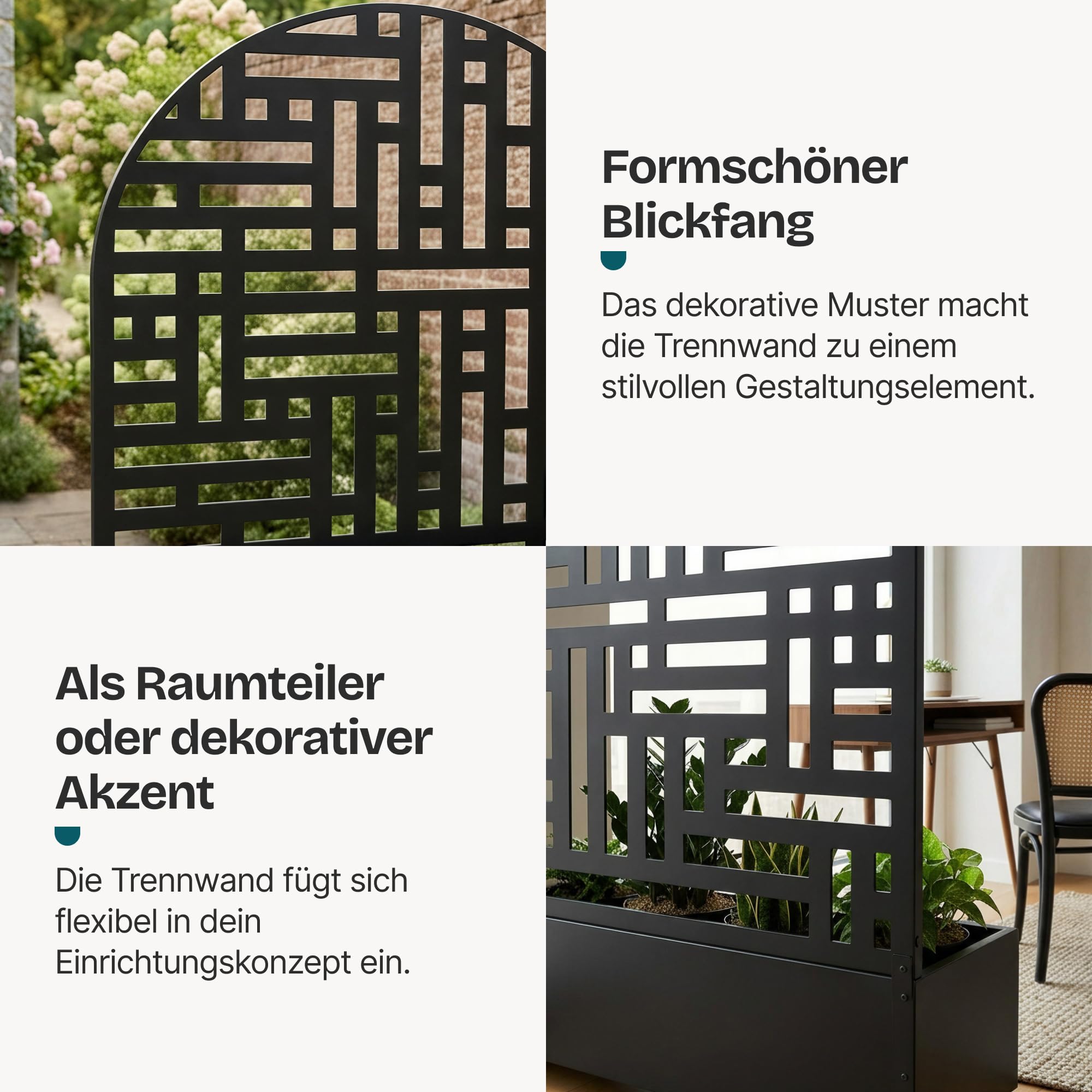 casa.pro Blumenkasten mit Sichtschutz Bernalda 190x120x38 cm Schwarz | Trennwand mit Rollen, Rundbogenform, Rankgitter, Metall, verzinkt, Balkon, Pflanzkübel hoch