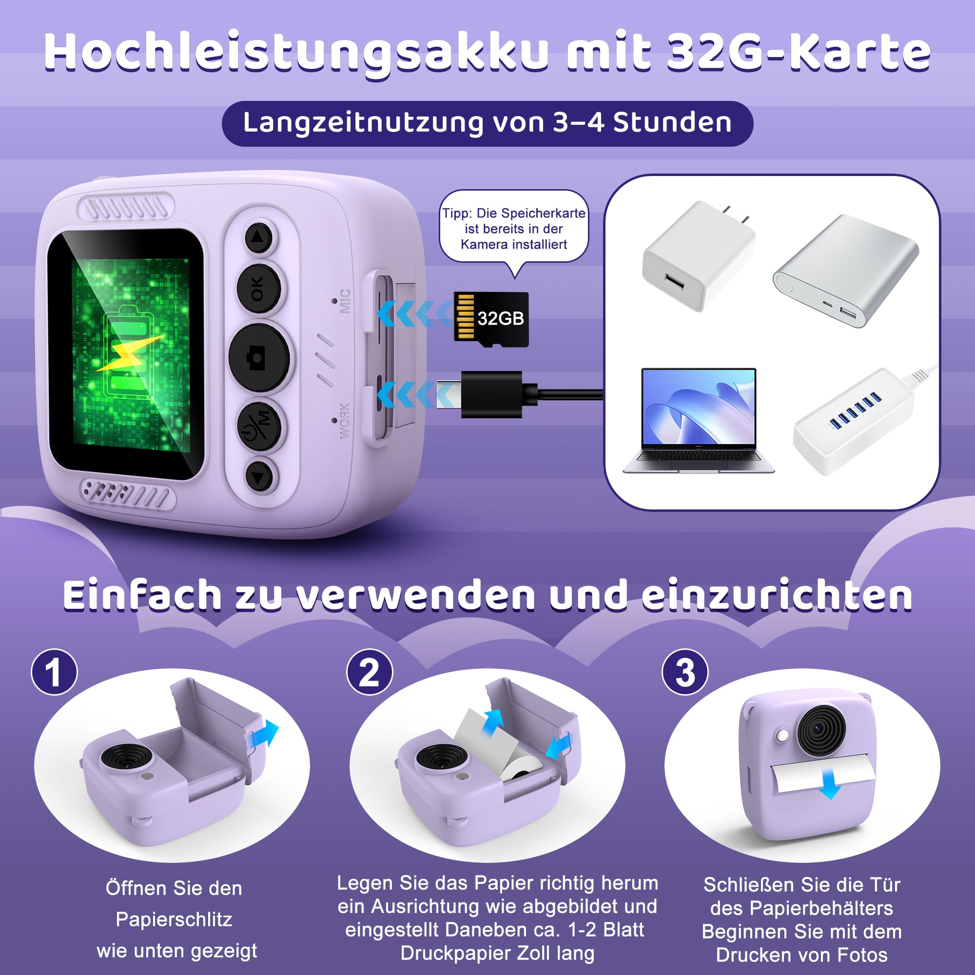 Kamera Sofortbildkamera, Kamera mit Karte & 4 Bände Druckpapier, 48MP Sofortbildkamera mit 1080P Digitalkamera für, Geschenke für Mädchen und Jungen von 3 bis 12 Jahre