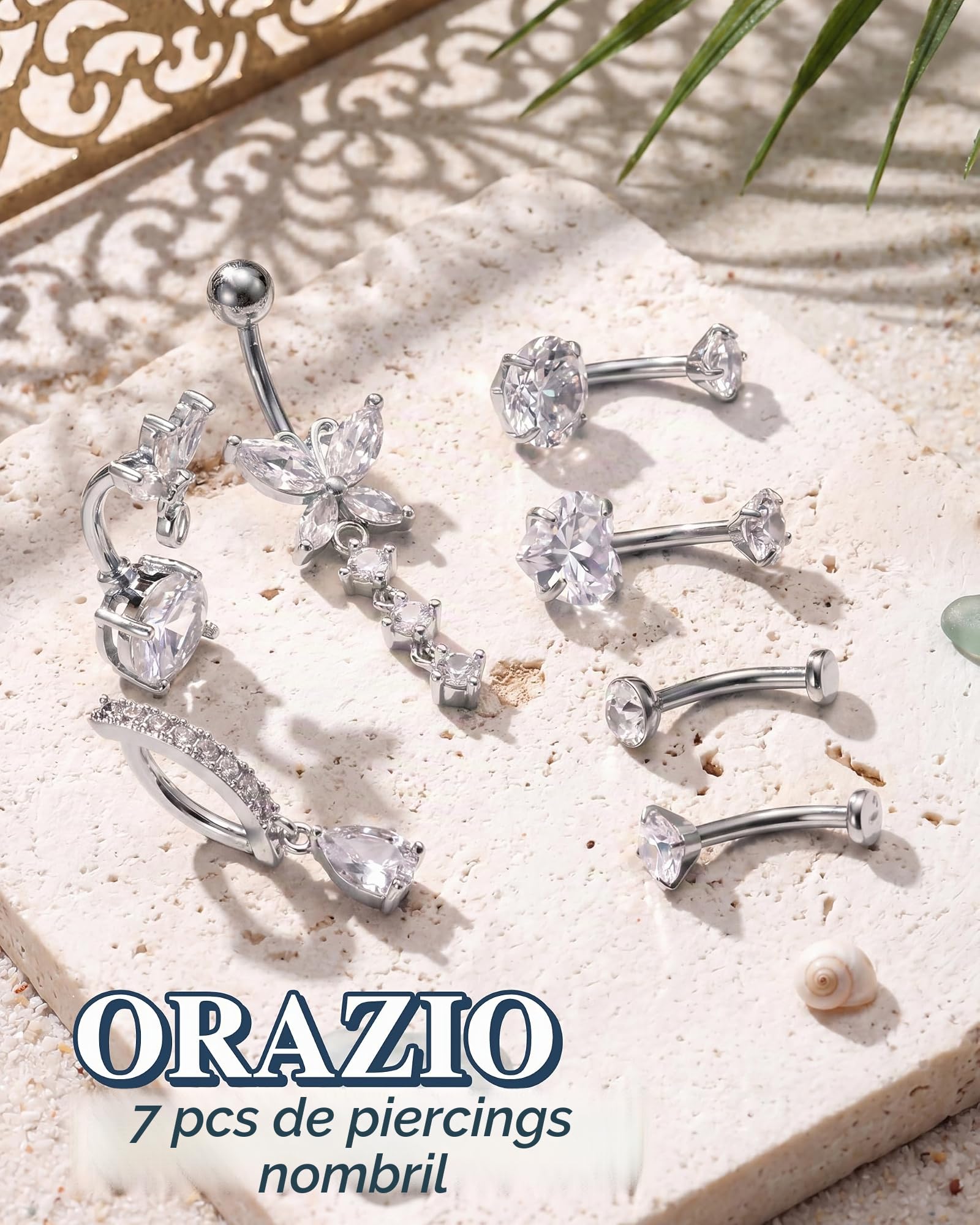 ORAZIO 7 Pièces Piercing Nombril Acier Chirurgical Or Femme 10/12 MM Percing Au Nombril Argent Hypoallergénique Rose Bleu Zircon Fleurs Papillon Piercing Nombril Anneau Femme