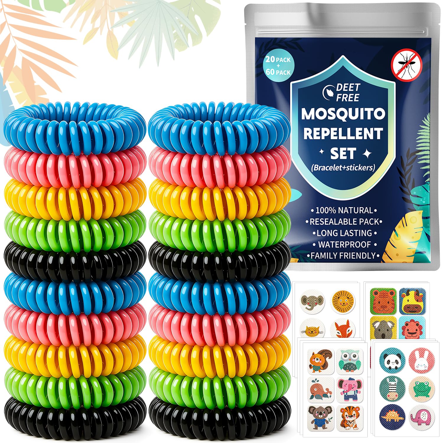 Mückenschutz Armband Mückenarmband Set - 20 Stück Anti Mücken Armband mit 60 Mückenpflaster für Kinder Erwachsene, Camping Zubehör Gadgets Outdoor Mückenabwehr Armband, Urlaub Must Haves Mückenschutz