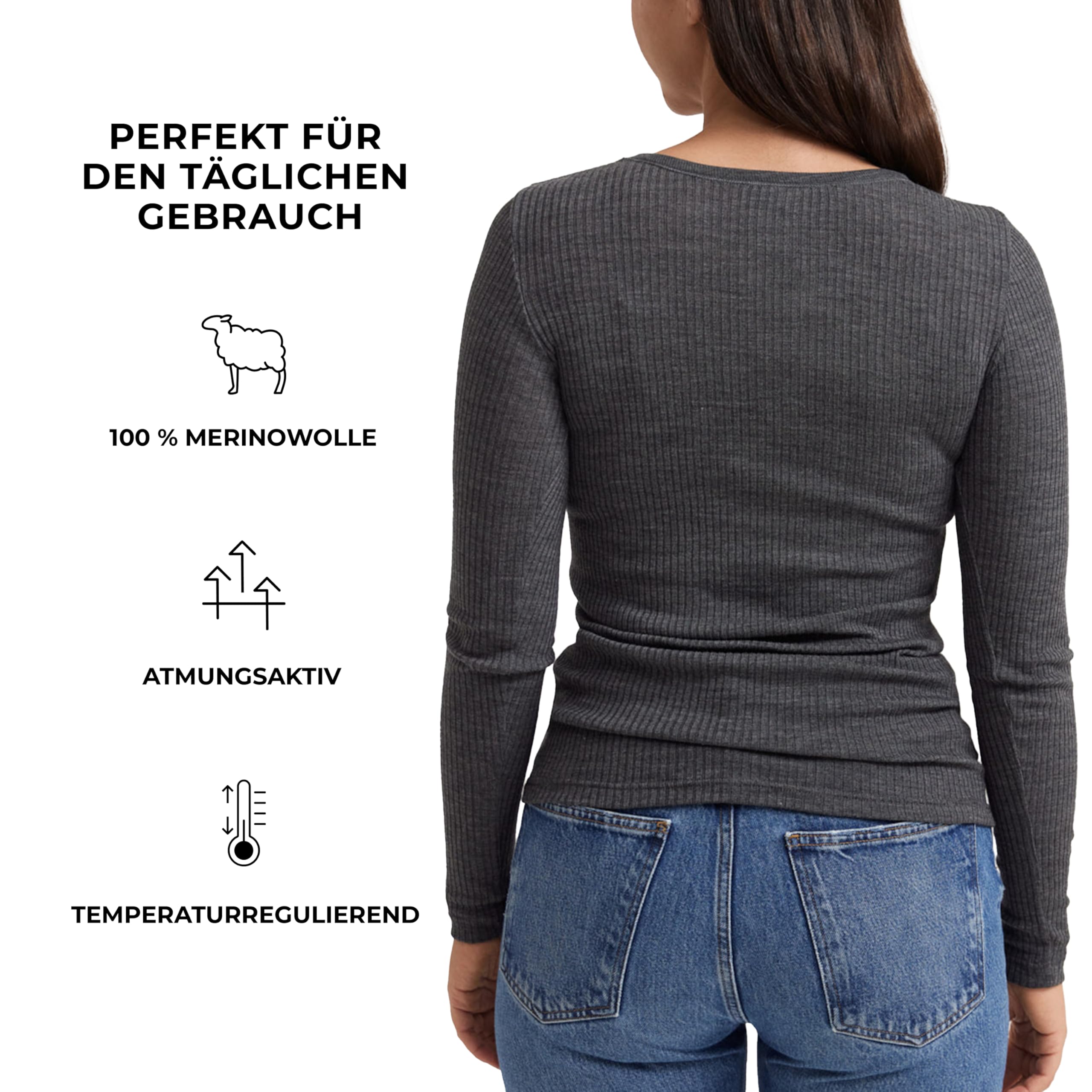Dilling Damen Langarmshirt Bio-Merinowolle Rippstruktur Baselayer Unterwäsche temperaturregulierend atmungsaktiv