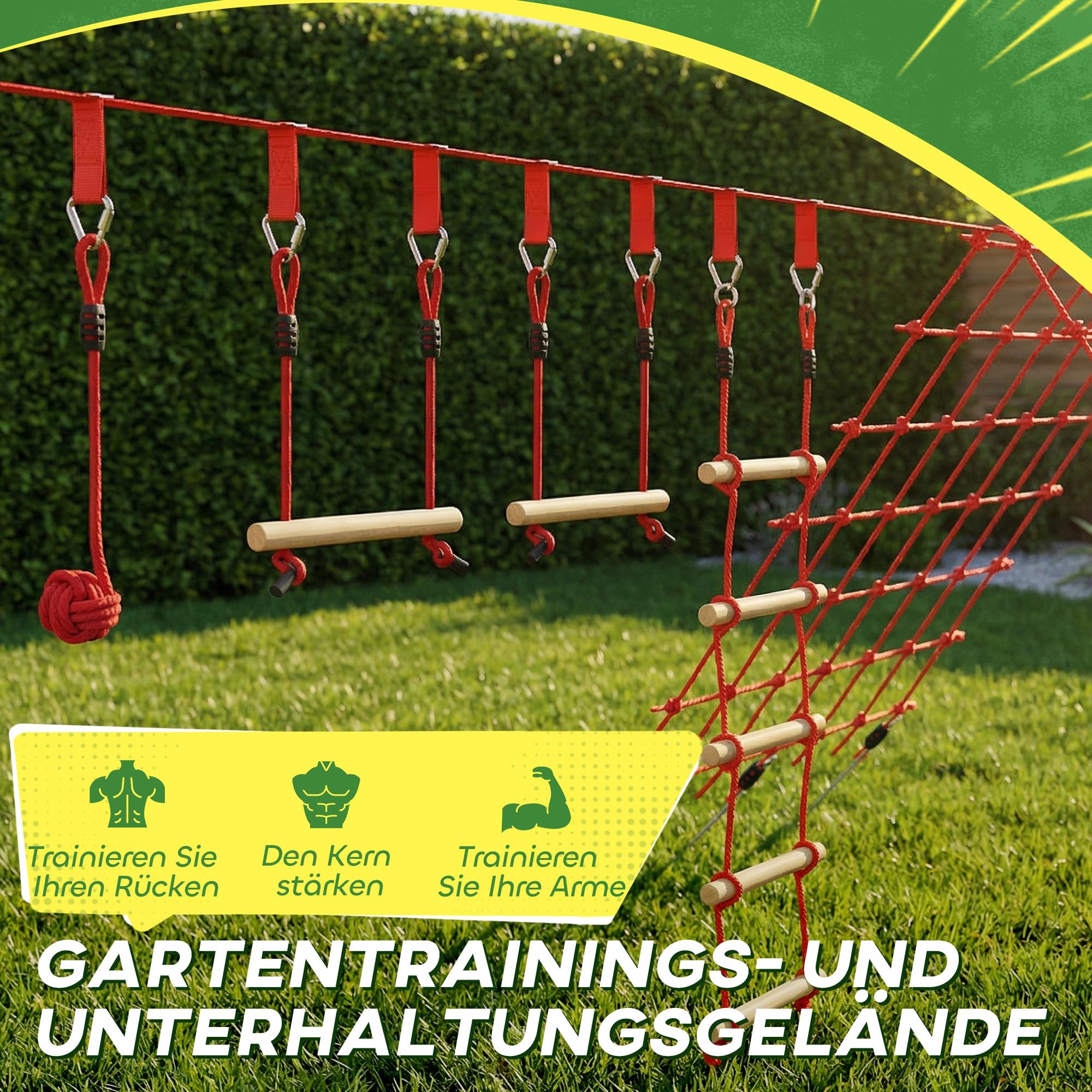 AIYAPLAY Ninja Line Kinder 10m Slackline Set mit Slackline, Turnringe, Schaukel, Kletterleiter, Kletternetz, Kletterseil, Reckstange, Outdoor Spielset Ausrüstung für 3-6 Jahre Kinder Rot