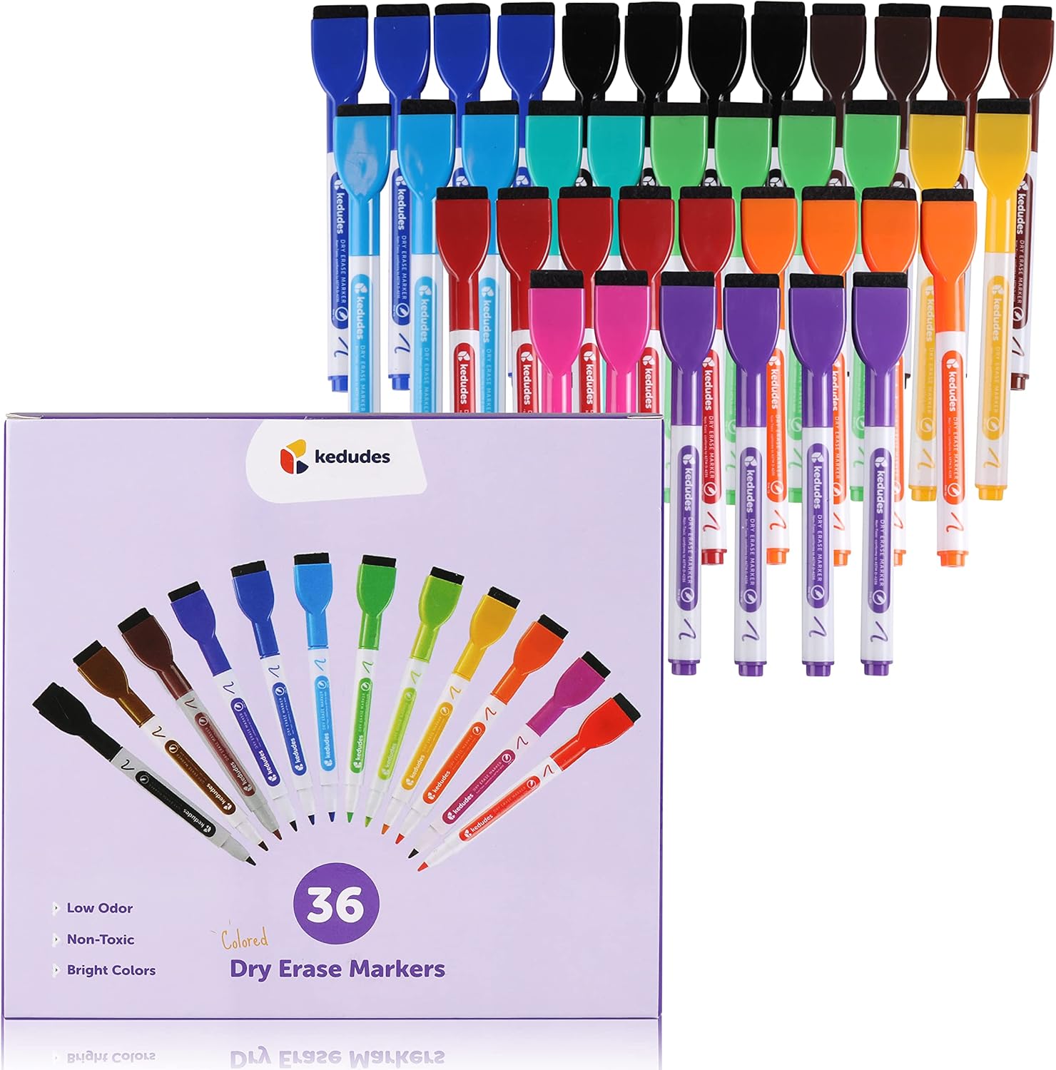 36 White Board Markers Dry Erase Marker Set | Magnetic Eraser, Skinny Fine Point, Colorful Dry Erase Markers | Magnet Whiteboard Markers, Odorless, Non-Toxic for Kids, Teachers, Office, School