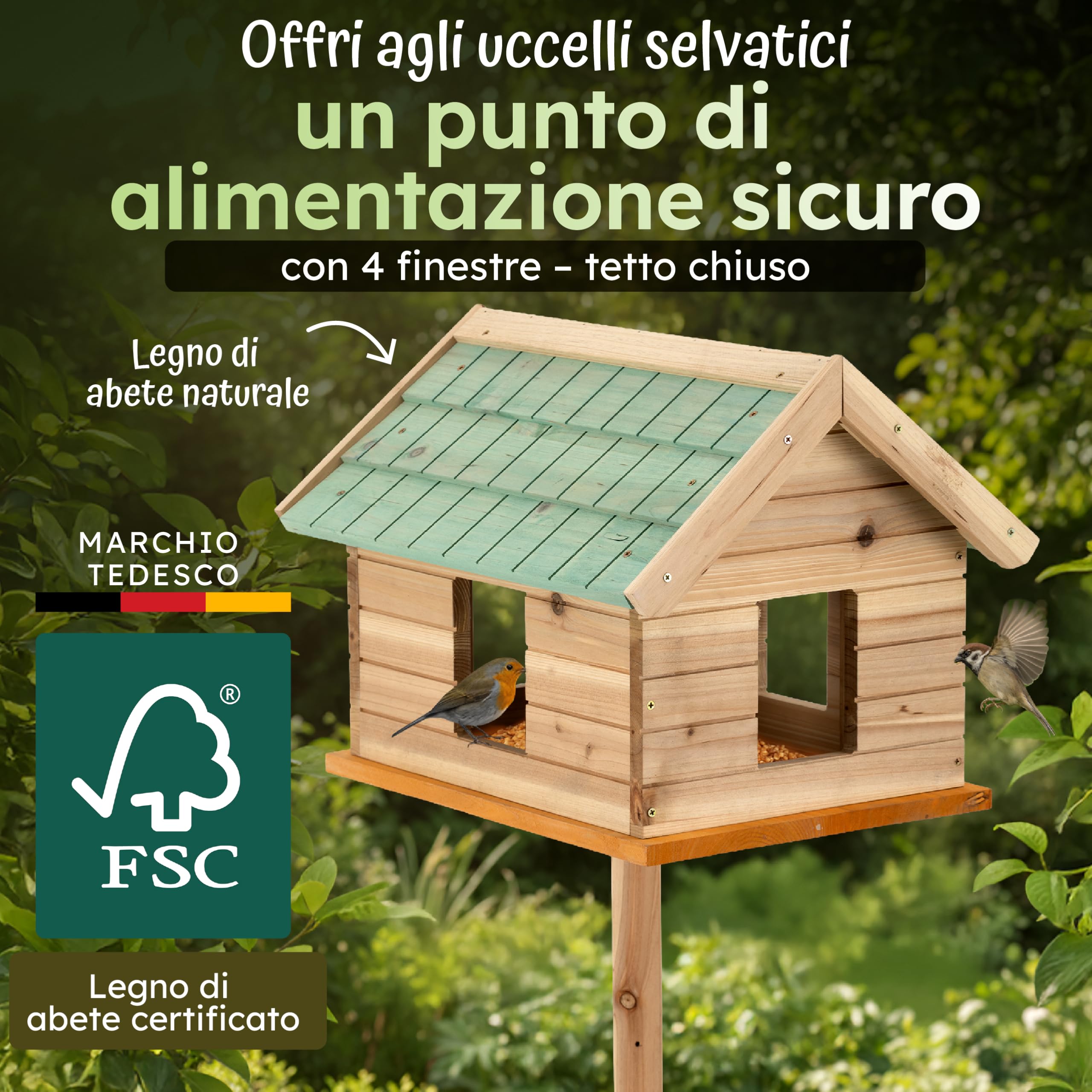 Moorland Casa per Uccelli con Finestre e Supporto in Legno di Abete FSC® | 135cm mangimatoia chiusa tetto verde in tegole casetta per tutto l'anno Esterno mangiatoia giardino VH2