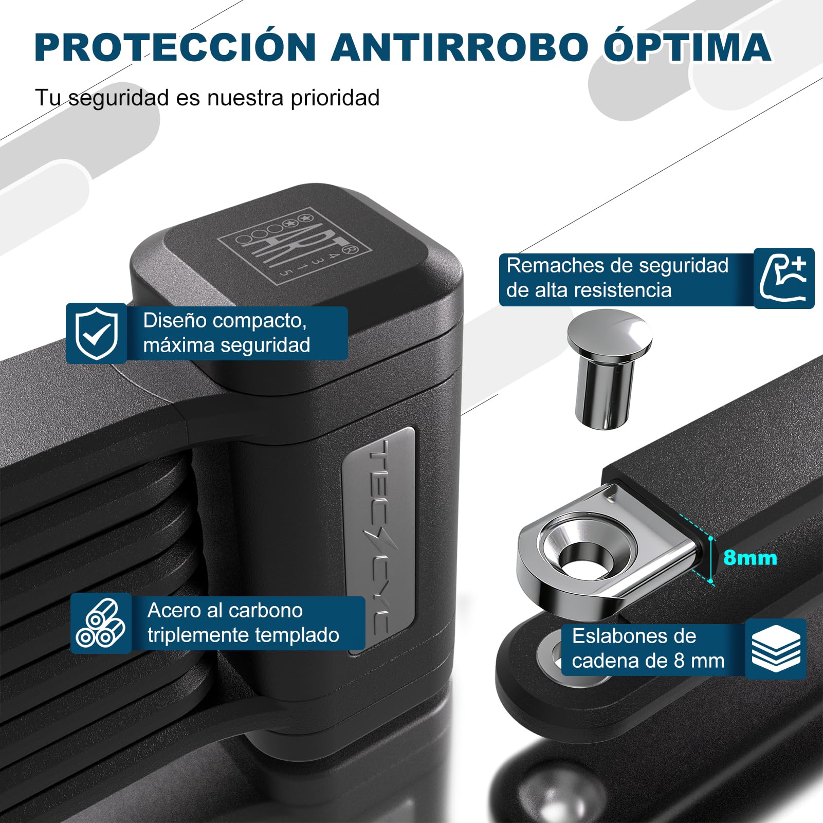 TECHCYC Candado para bicicleta de alta calidad, 120 cm, con soporte de cerradura, candado para bicicleta con resistencia a la corrosión y a la perforación, cilindro para alta protección contra
