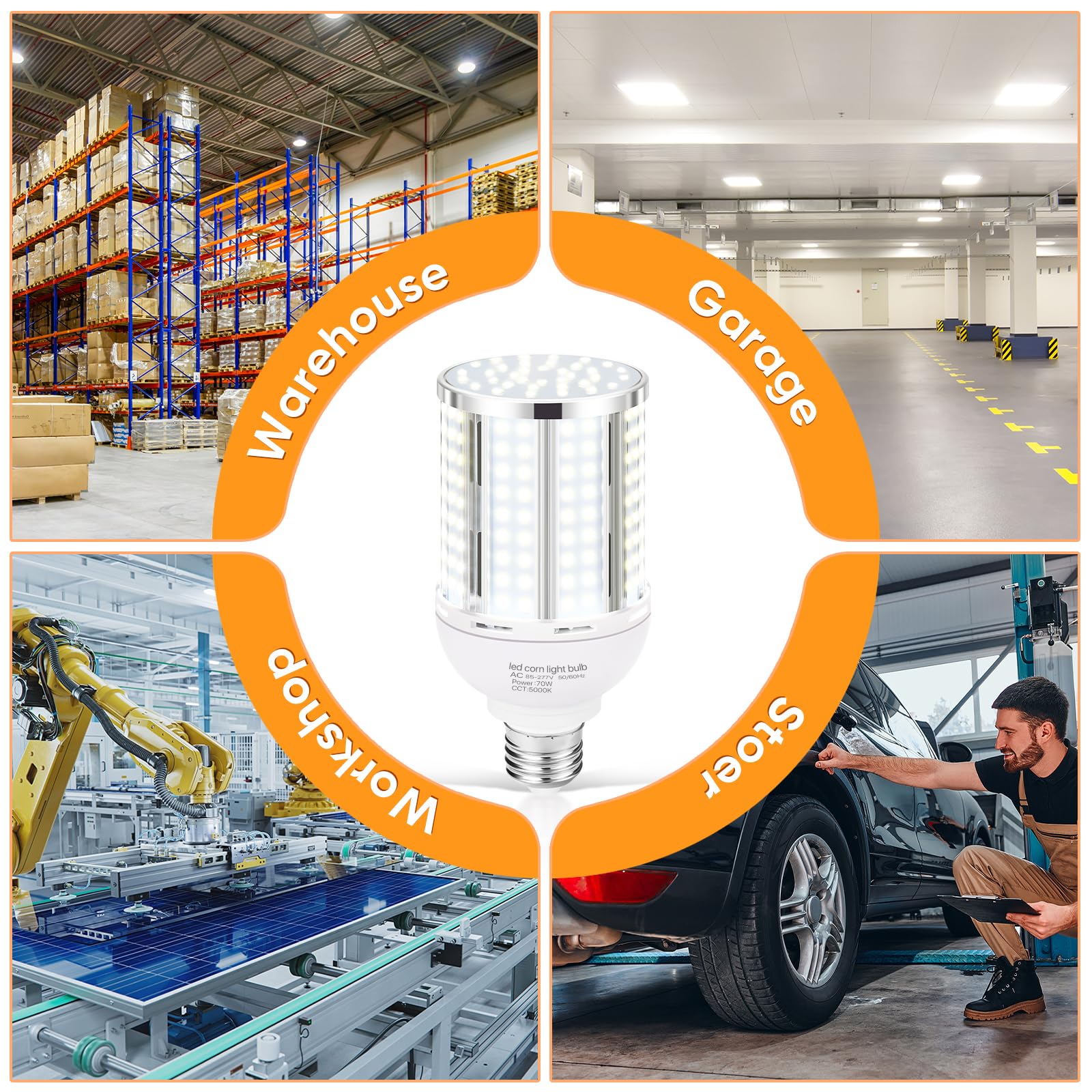 Bombillas LED de maíz de 70 W (paquete de 2) (equivalente a 700 vatios) sin ventilador E26/E39 mediano/grande, base de mogul LED Coblam, lámpara de 5000 K, luz diurna 8800 lm, para exteriores