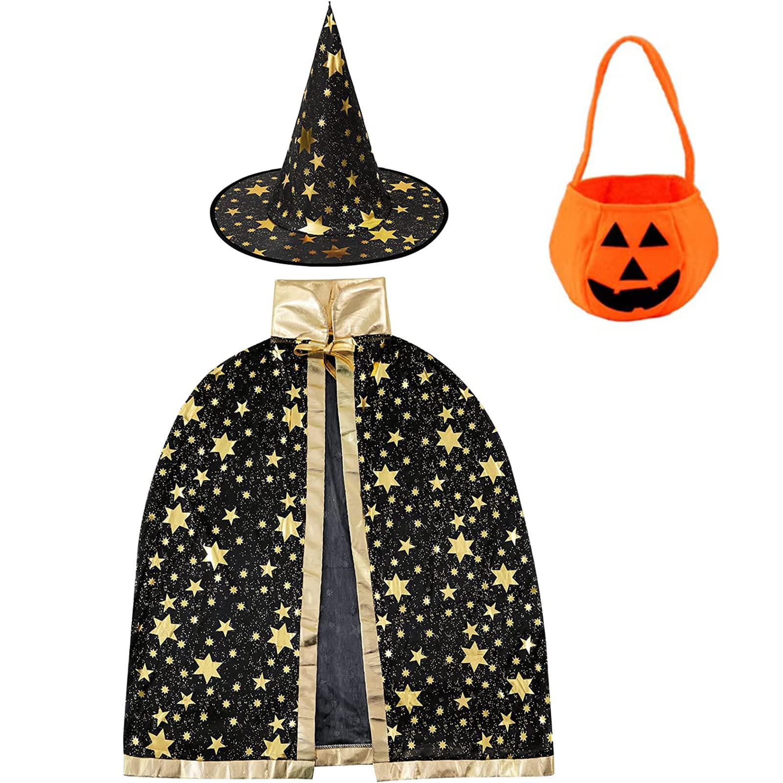 Halloween Witch Cloak with Hat and Pumpkin Candy Bag,Halloween Costume Kids Wizard Cape Props for Boys Girls Halloween Party (Black)