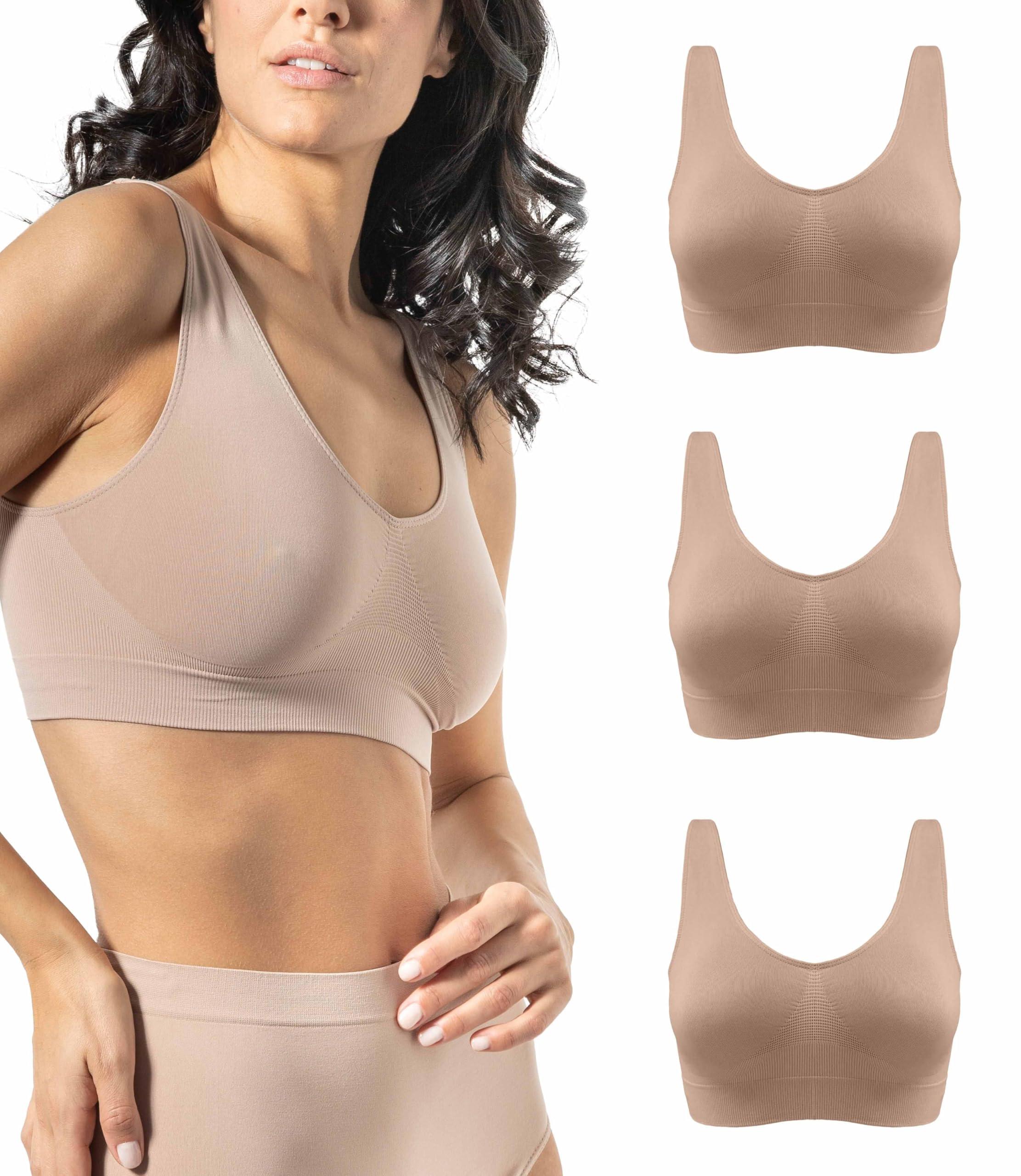 Risalti BH zonder beugel, brede schouders, 3 stuks - bralette voor dames zonder naden en etiketten, damesbeha van elastische microvezel, brassiere, zachte top, ondergoed - Made in Italy, Natuurlijk