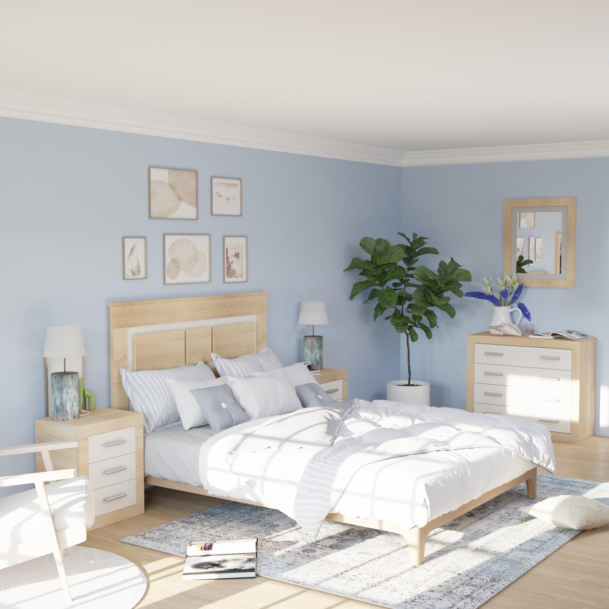 duehome | Conjunto de Dormitorio Kira 4c - Cabecero + 2 Mesitas de Noche + Comoda y Espejo, Acabado en Cambria y Blanco