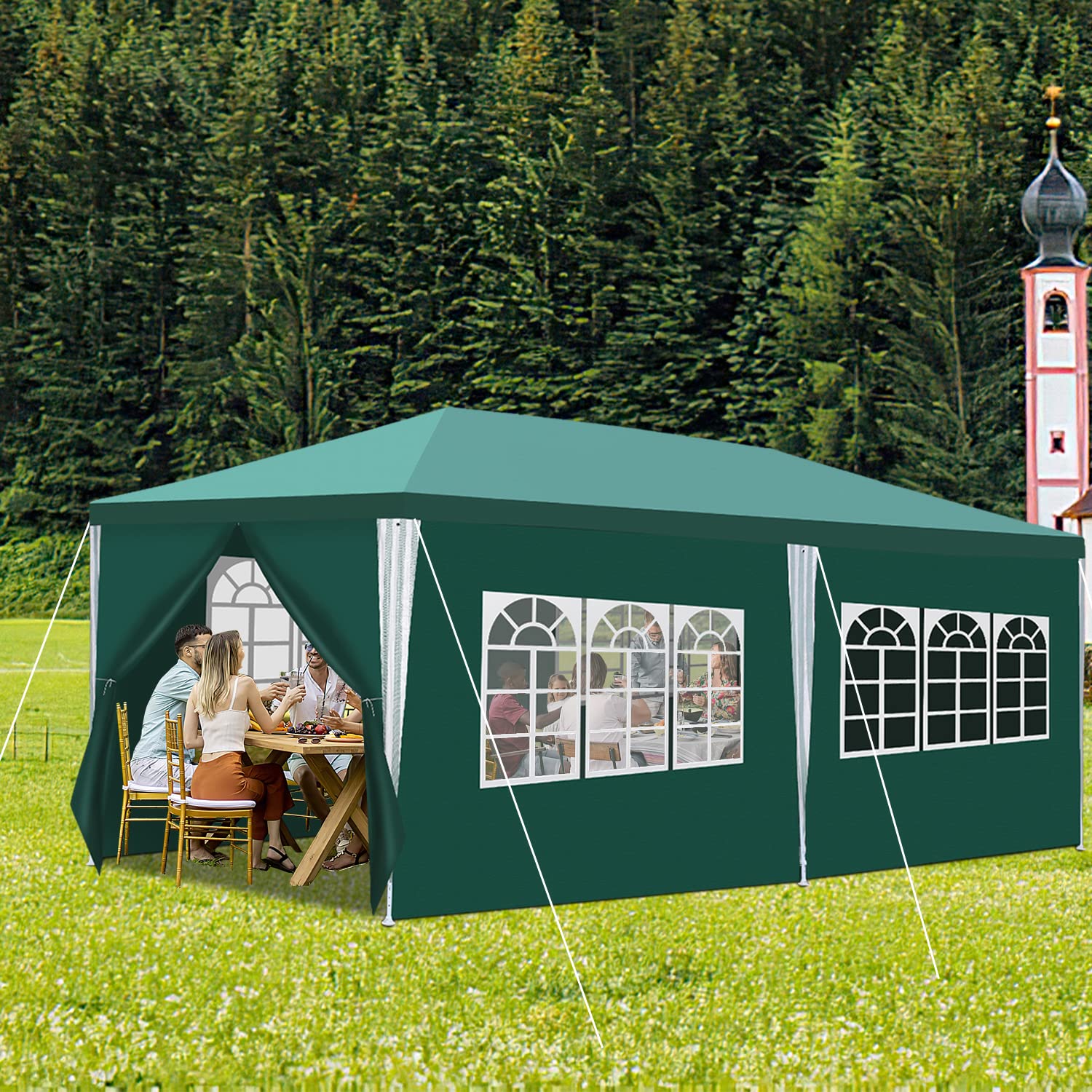 Sonnewelt Pawilon wodoszczelny, namiot imprezowy, 3 x 6 m, pawilon ogrodowy z 6 częściami bocznymi, odporny na działanie promieni UV, namiot ogrodowy, 100 g/m², wysokiej jakości plandeka PE, namiot biesiadny, zielony