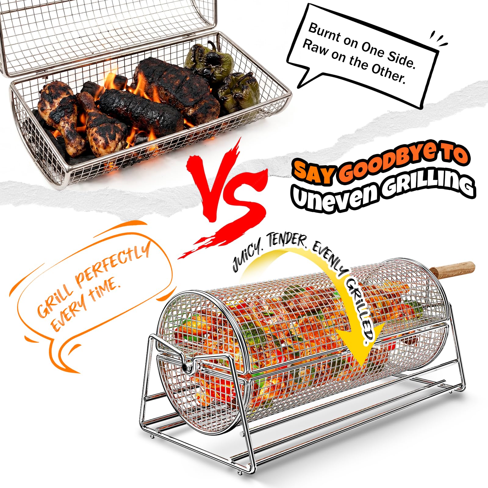 Kosz do grillowania 2 w 1 ze stali nierdzewnej 304, obrotowy kosz BBQ z korbką i prostym uchwytem, siatka do grillowania warzyw, krewetek i mięsa, prezent dla mężczyzny
