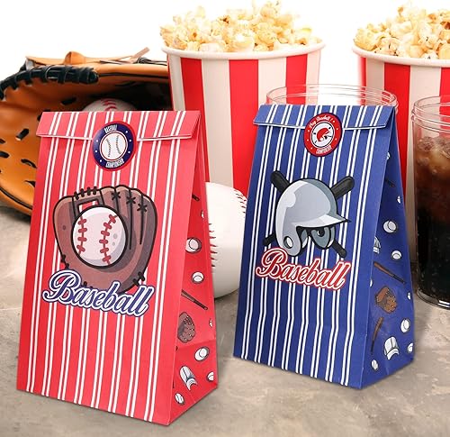 Miniatura 7 de Whaline 24 bolsas de regalo de fiesta de béisbol con calcomanías, bolsas de regalo de béisbol, bolsas de papel con estampado de béisbol para