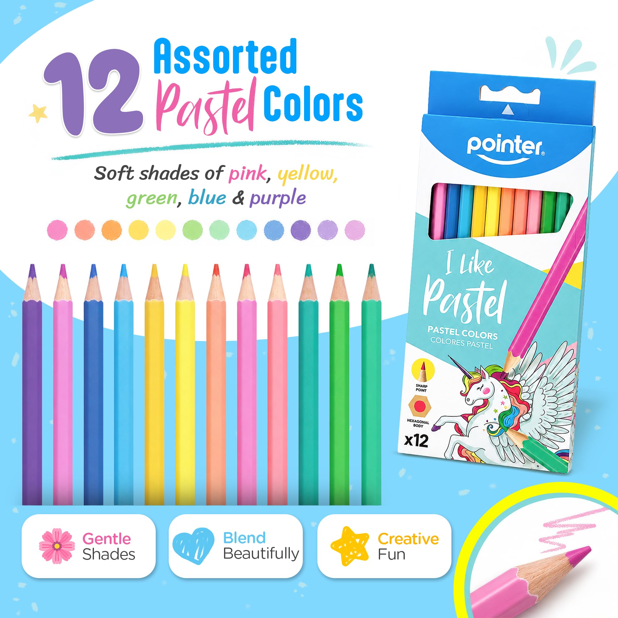 Pointer I Like Pastellfarbstifte, 12 Stück, vorgespitzt, sechseckiger Körper, weiche Pastelltöne, Schul- und Kunstbedarf