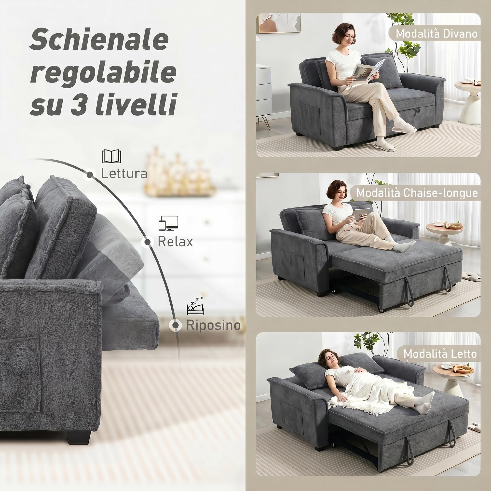 HOMCOM Divano Letto 2 Posti 3 in 1 in Ciniglia con 2 Cuscini, Divano Letto Matrimoniale Estraibile Reclinabile 3 Livelli con Braccioli, Seduta Imbottita, Legno Eucalipto, per Soggiorno, Grigio Scuro