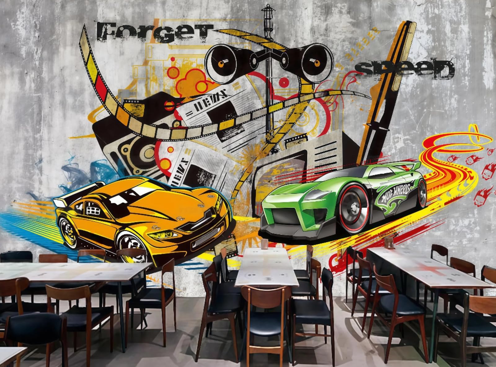 XDOUBAO Wallpaper Retro Cement Wall Trend Graffiti Car Theme Drink Shop Afternoon Tea Western Restaurant Background Wall Wallpaper Coffee Shop Mural,3D,250x175cm