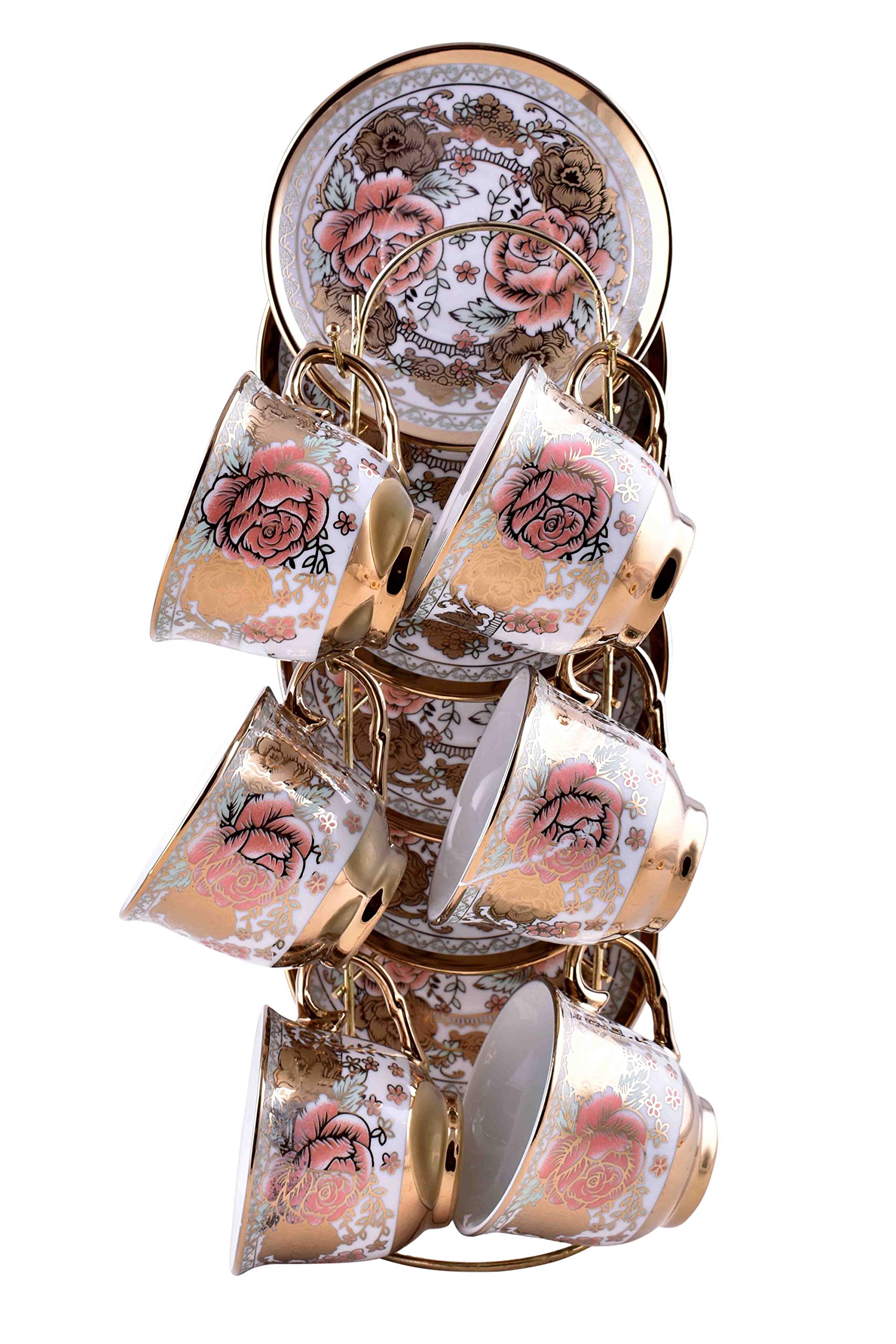 Porcelain Coffee/Tea Set of 12 Pieces with Gold Metal Stand- Beautiful Flower Design