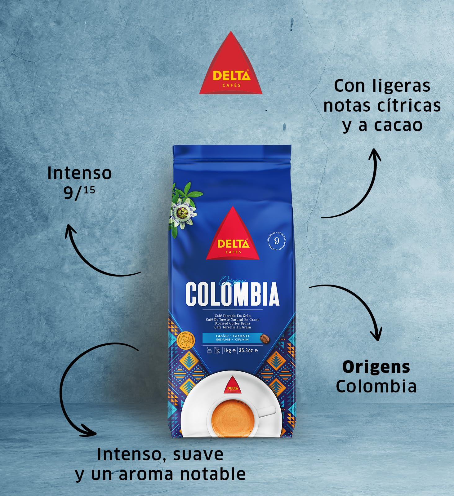 Delta Cafés Colombia Caffè in Grani 1kg – Miscela Arabica Colombiana Single Origin, Intensità 9, Chicchi Espresso Morbidi e Vellutati con Note Agrumate