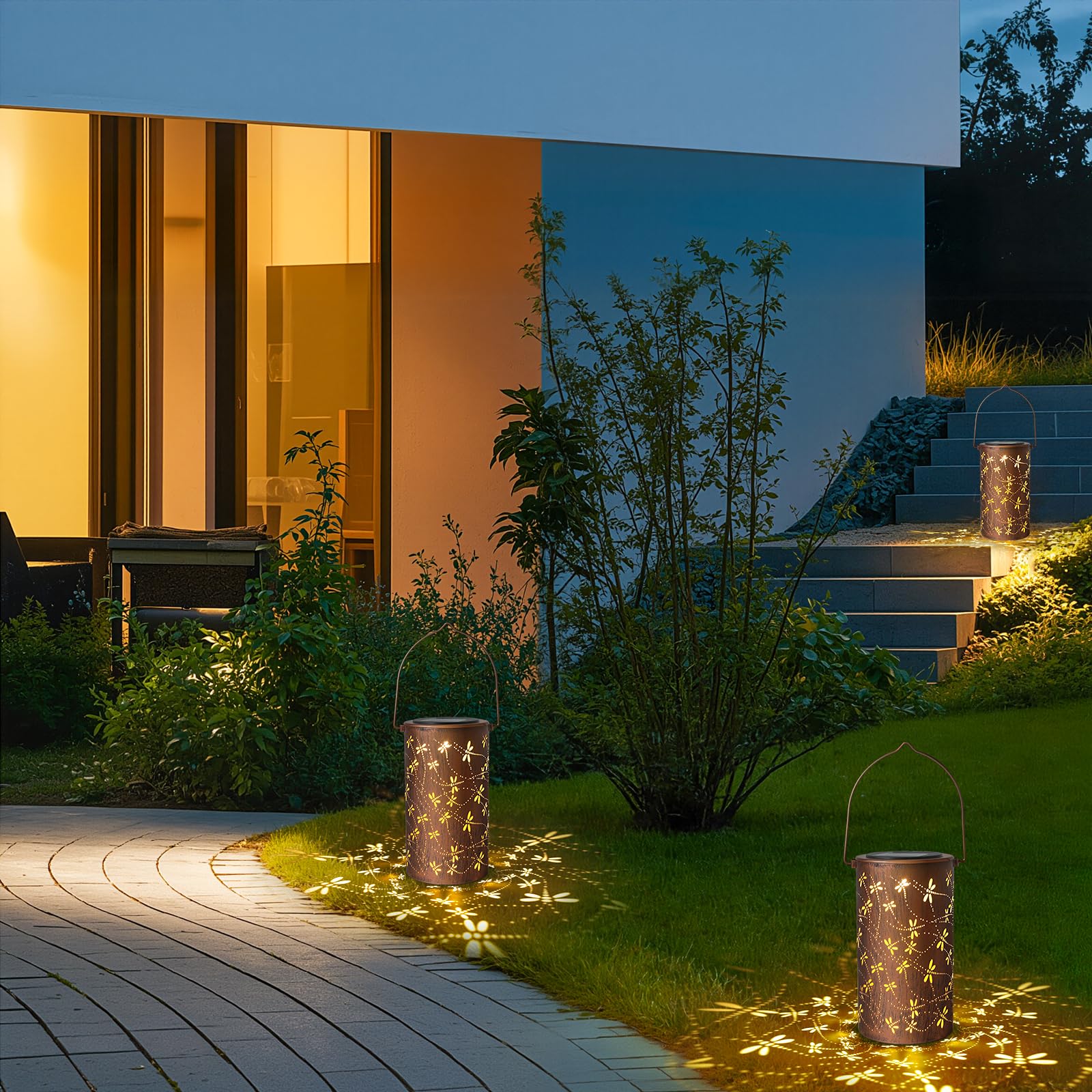 Linterna solar impermeable para exteriores, linterna solar colgante de metal con libélula, luces LED solares para jardín, patio, balcón, porche, decoración de regalos para mujeres, mamá, abuela, 1