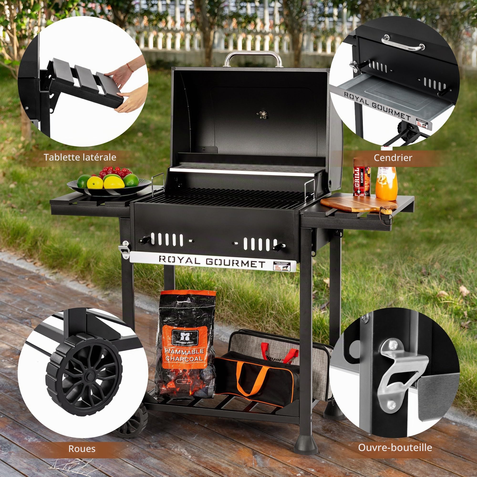 Royal Gourmet Barbecue au charbon de bois avec étagères latérales rabattables, fumoir sur pied avec décekl, thermomètre, barbecue à charbon noir