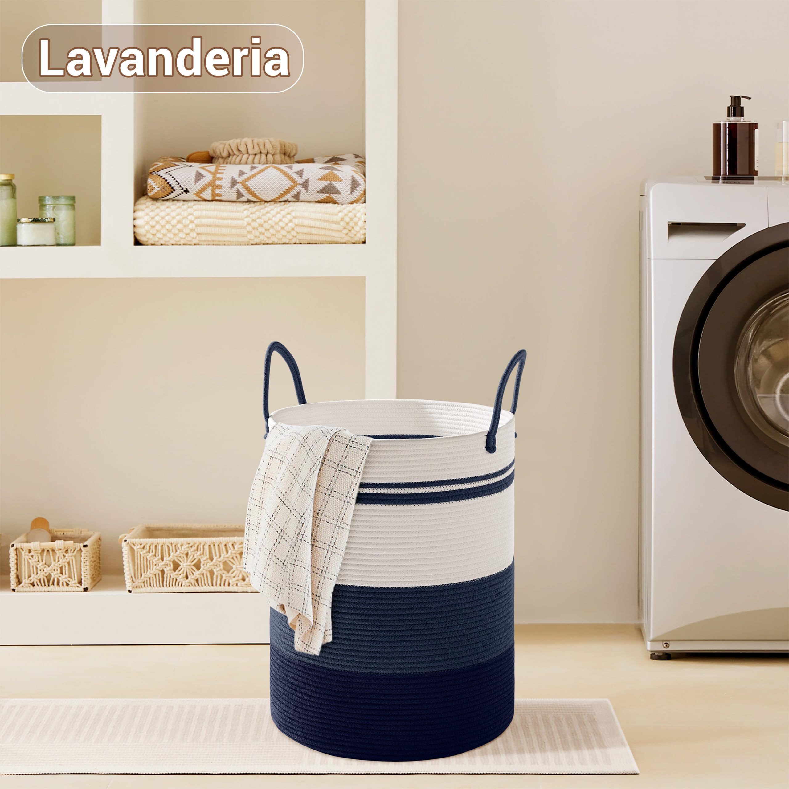 Cesto Portabiancheria Piccolo in Corda di Cotone Intrecciata 38x45cm - Cesto di Raccoglimento Pieghevole con Manico - Per Biancheria e Coperte - 53L Sfumatura Blu Marino
