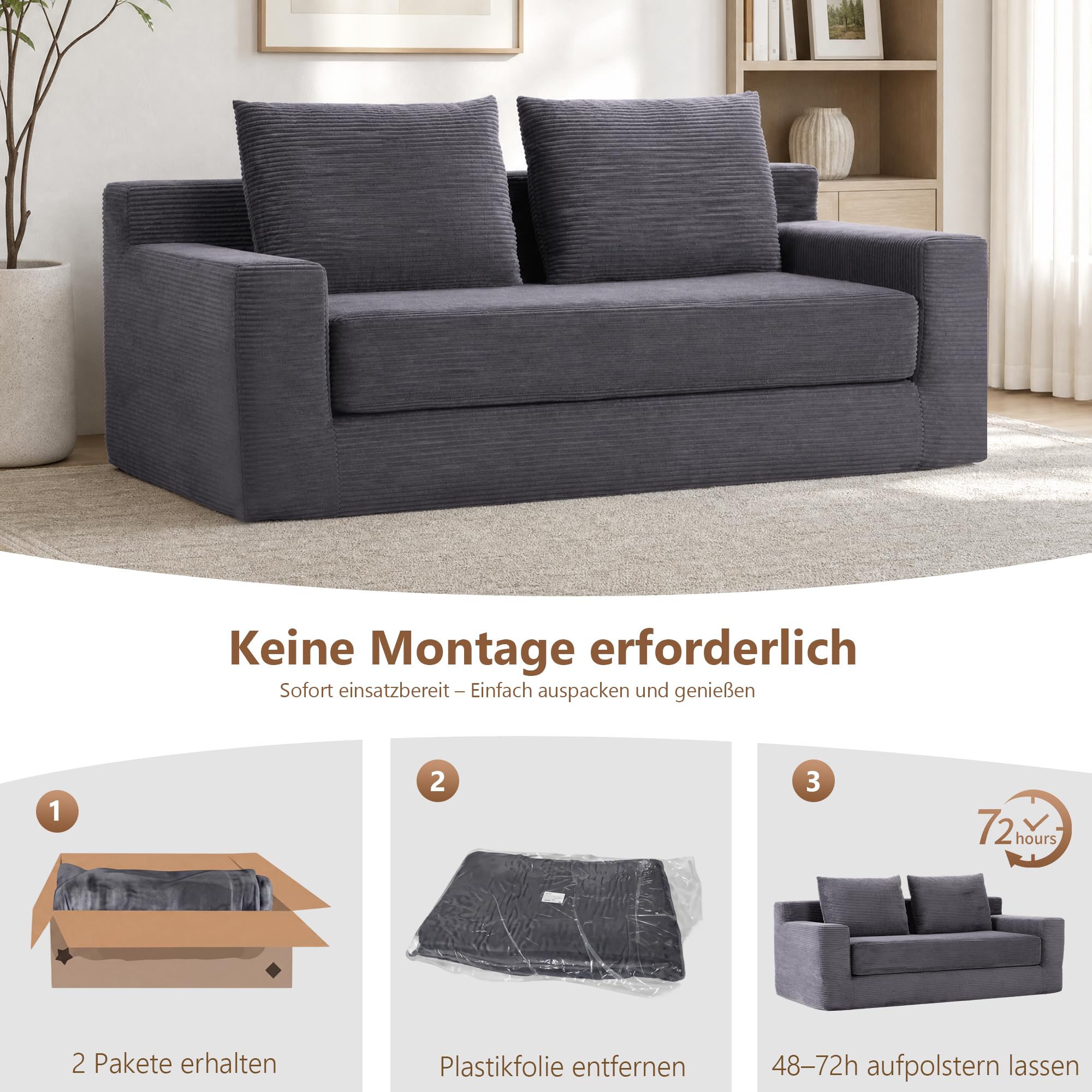 GRAVFORCR Schlafsofa klappbar, Boneless Couch 188cm Dunkelgrau