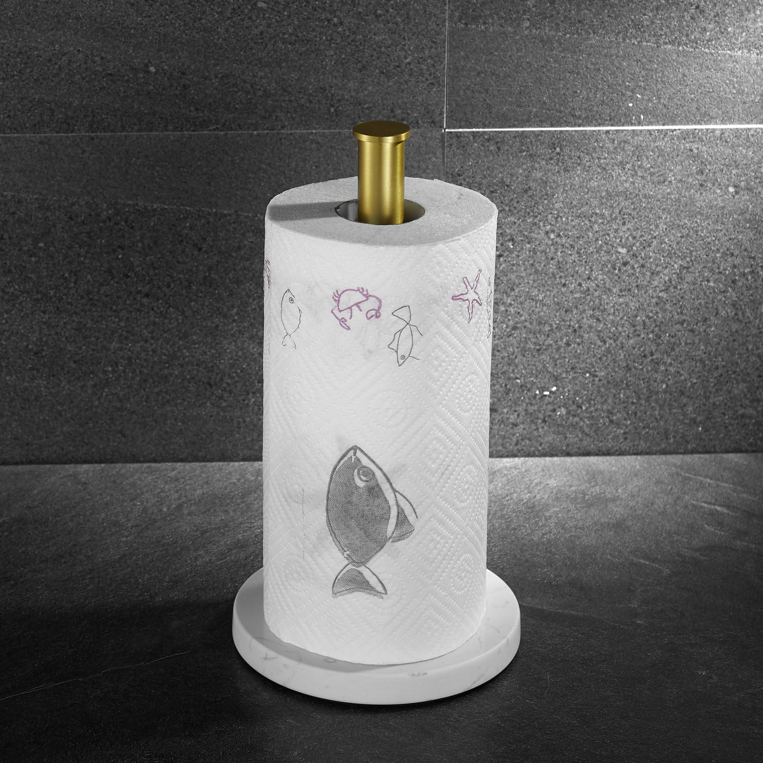 Keukenrolhouder, staande papierrolhouder, papierhouder, keukenrolhouder, keukenrolhouder, papier, wikkelpapier-rolhouder, opslag, zware marmeren basis en aluminium geborsteld goud
