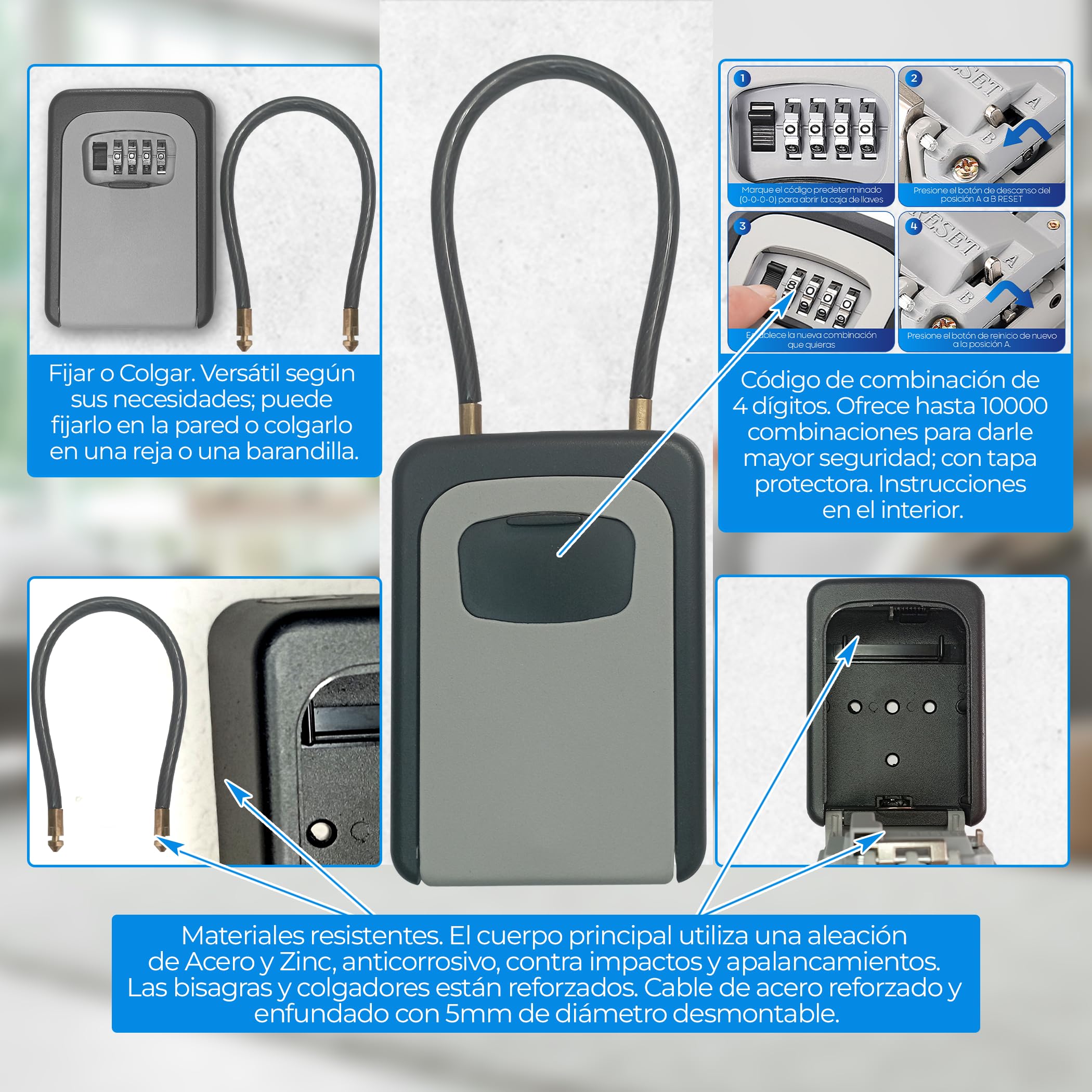 QJF Caja de Seguridad para Llaves con Código de 4 Dígitos para Pared o Colgar en Exterior o Interior, Casas, Vvdas Turísticas, B&B. Cajetín Llaves con Código de Fácil Instalación. Llaveros de Regalo.