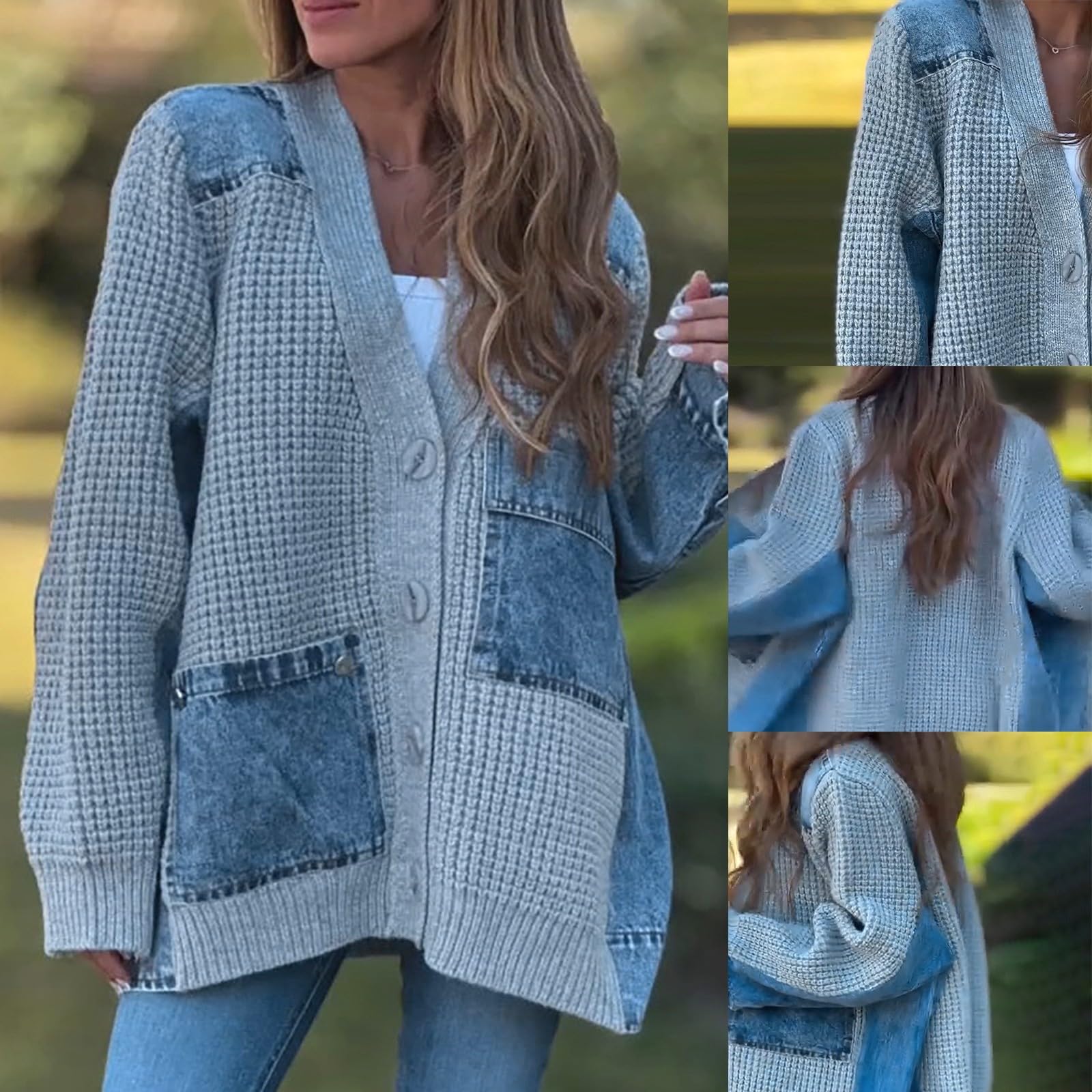 Chaqueta acolchada para mujer – Chaqueta de lana para mujer de punto de punto chaqueta Patchwork sudadera transpirable Tops ocio Chaquetas con múltiples bolsillos Cardigan con botón Chaquetas Thin