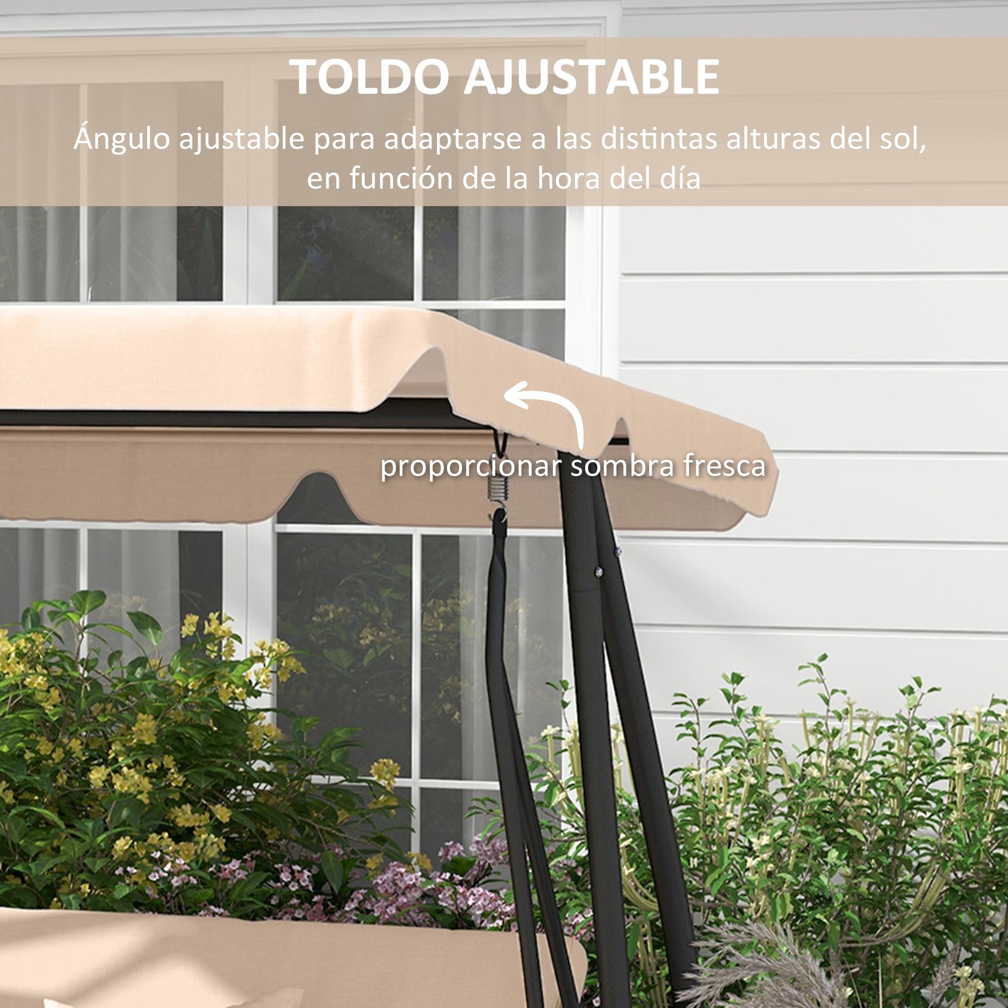 Outsunny Balancín de Jardín Exterior de 3 Plazas Columpio de Jardín Exterior Convertible en Cama 2 en 1 con Toldo Ajustable Soportes Laterales y 2 Almohadas Carga 340 kg 200x120x164 cm Arena