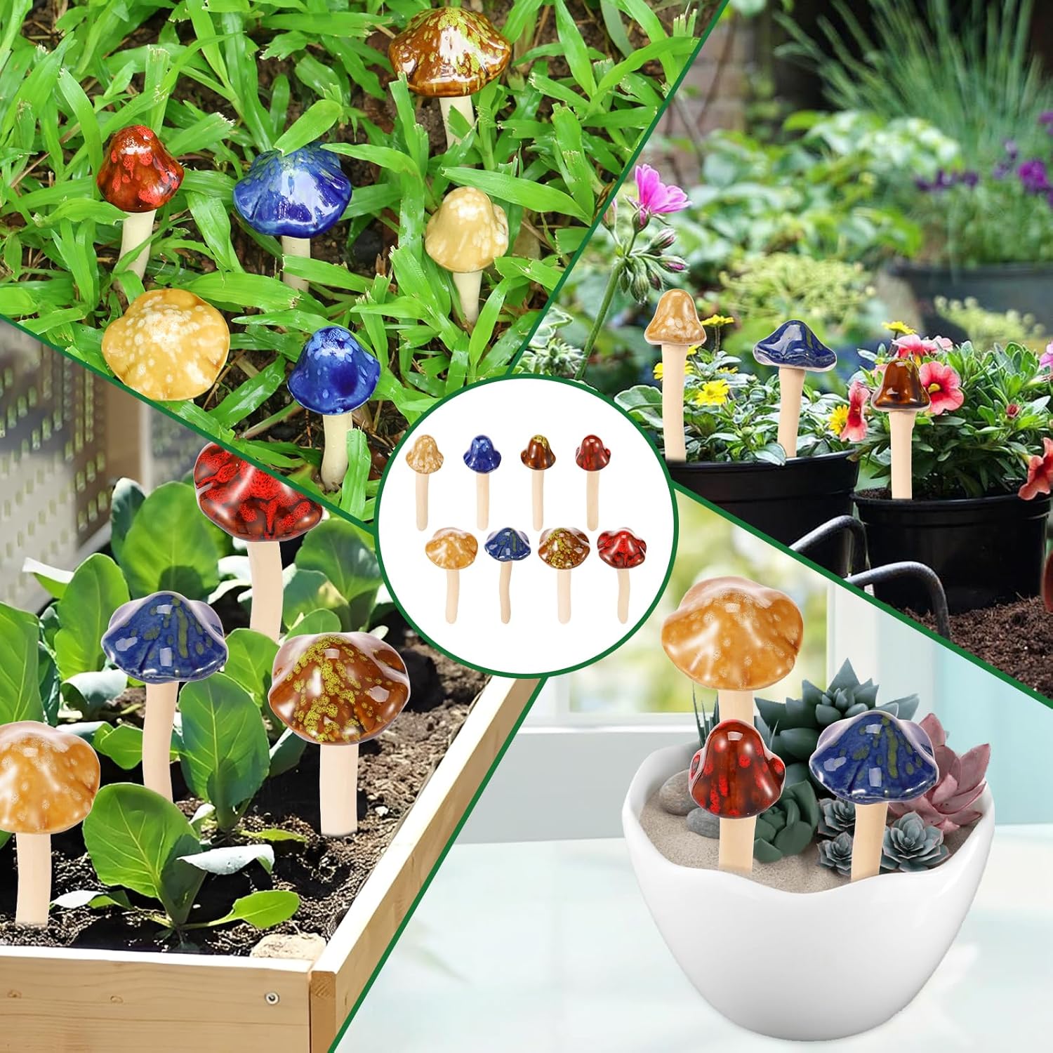 16 Pack Ceramic Garden Mushrooms, Lawn Ornament Decor 4.52" in Height Small Mushroom Garden Decor for Fairy Garden, Yard, Pottery Ornamement