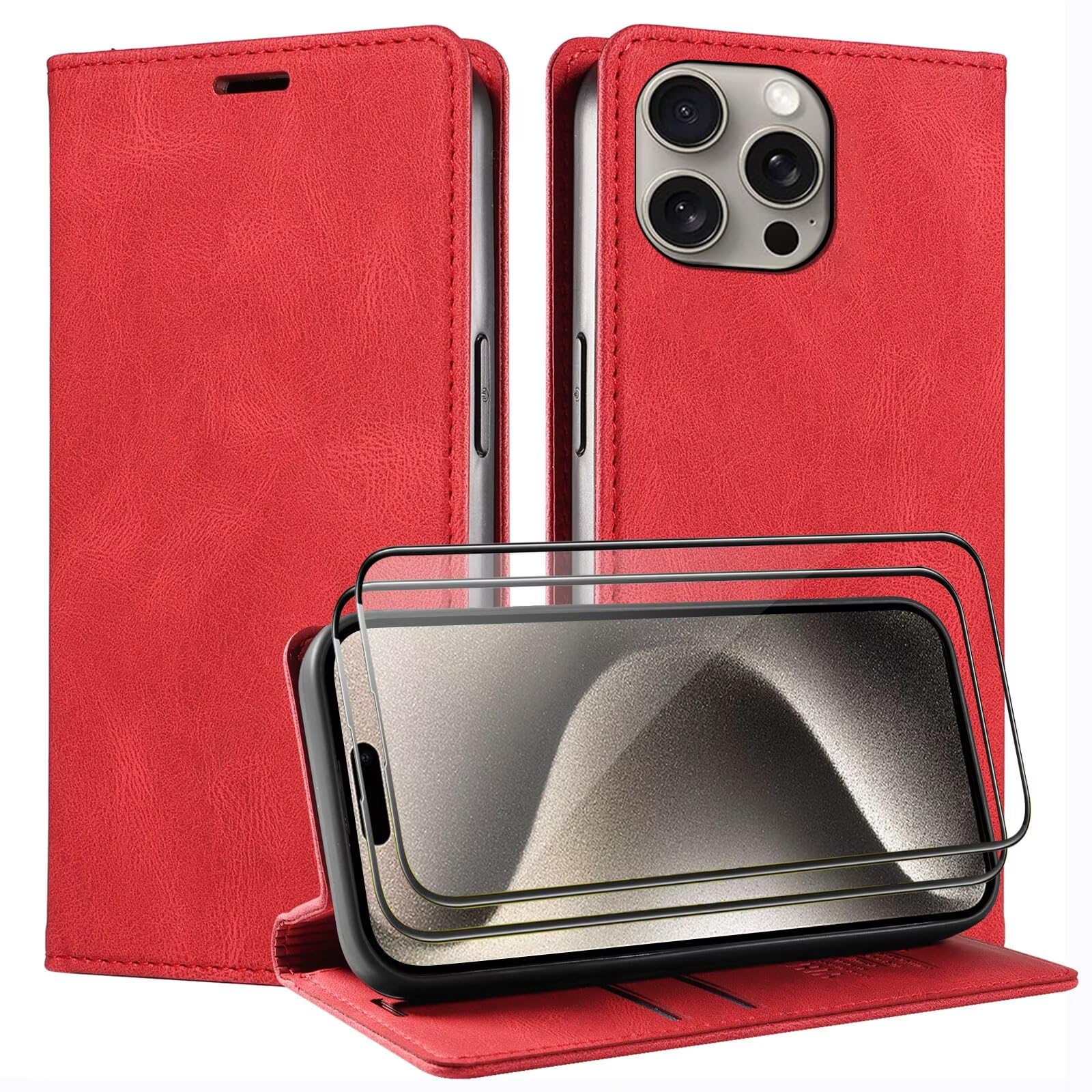 Compatible with Realme 12 Pro/Realme 12 Pro+ Case +2 pieces Glass Screen Protector, Premium Leather Folio Flip Cover Magnetic Closure Kickstand and Card Holder Wallet Protective case - Red