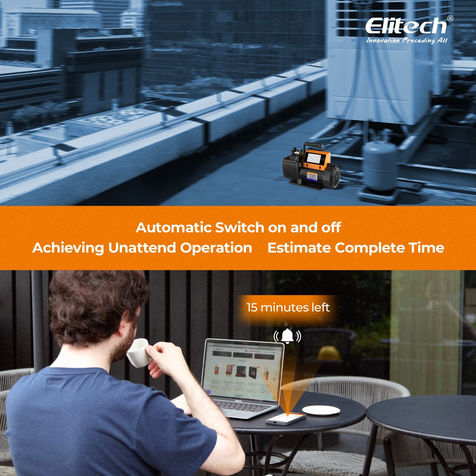 Elitech 5L/S Pompa Vuoto per Condizionatori con Manometro V1200 12 CFM, Pompa per Vuoto HVAC Intelligente con Monitoraggio Dati, Controllo App e Rilevamento Perdite (senza Olio)